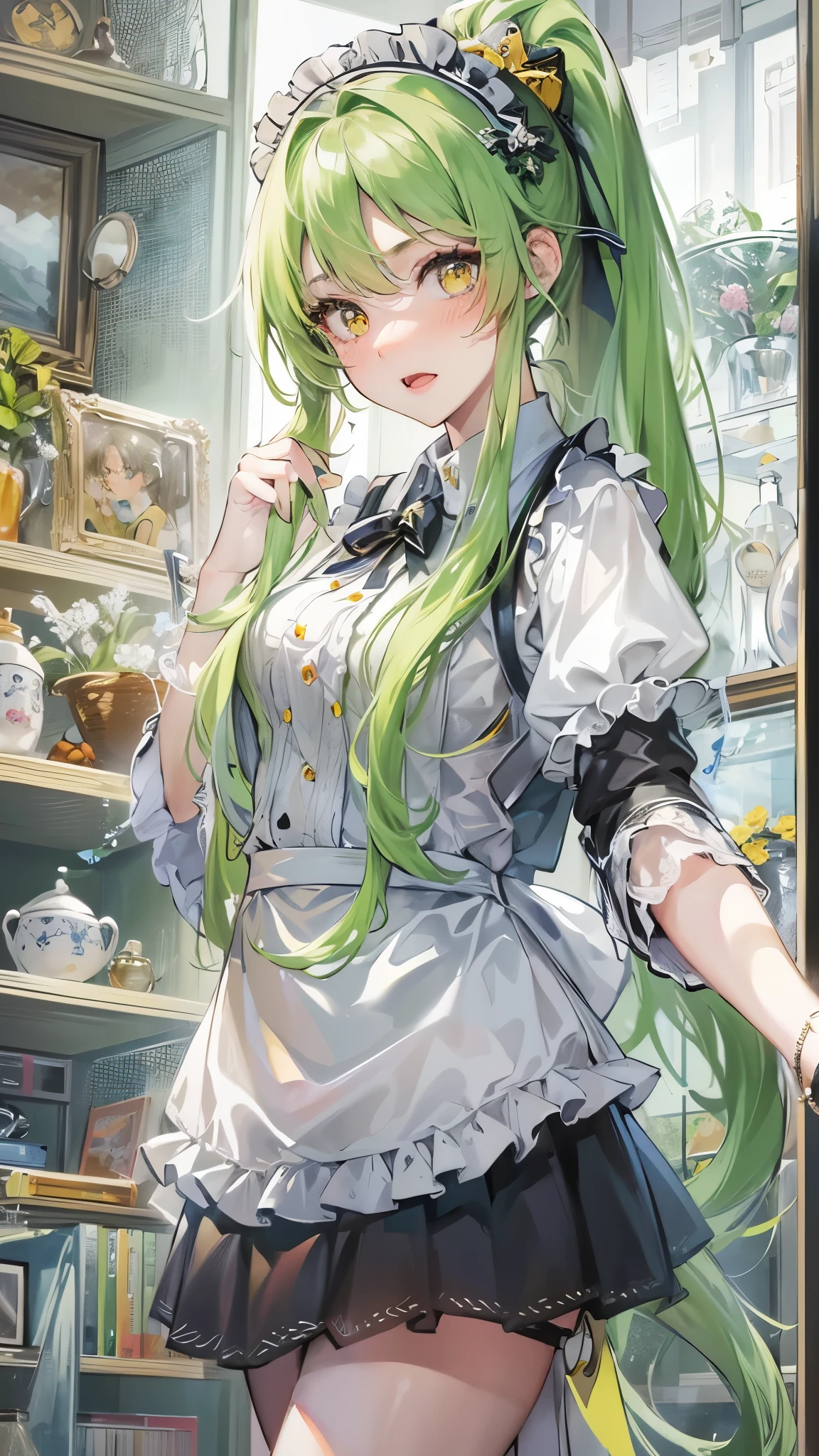 perfect anatomy, masterpiece:1.4, best quality, 8k, beautiful detailed grow, daydreaming expression, pov, looking up, (solo ponytail green hair long hair divine cute girl, , cute yellow eyes, blushing face, sexy glossy mouth), in a maid shirt, in the enchanted room.