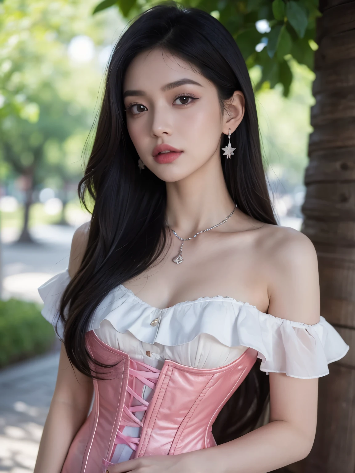 Kim Jennie con el cabello negro oscuro, con rulos en las puntas del cabello negro oscuro, con un ganchito de estrella en el cabello negro oscuro, ojos de color claro, ojos bonitos, nariz bonita y respingada, labios bonitos, labios rosas, heart and cupid shaped lip, piel bonita, piel blanca, con lunares y pecas en todo el rostro, rubor rosa suave en las mejilla, rubor rosa natural, dark and gothic makeup, Jennie gotica, cuello bonito, noticeable collarbones, mirada enojada, con un collar, un collar bonito de beso, mientras tiene un Corset rosa, Corset rosa bonito, vestido con un Corset rosa, mientras muestra sus pechos desnudos, mientras tiene los pezones con dos corazones de papel rosa, tiene los pezonnes con corazones de papel rosa (pechos grandes, pechos suaves, pechos bonitos, pechos naturaleirando a la camara, autofoto 