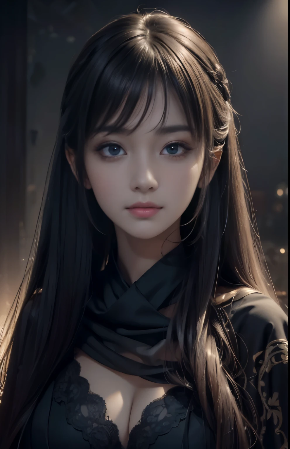 (Hyper-realistic) , (illustratio), (Increase the resolution), (8K), (extremely detaile), (Most Best Illustration), (Beautiful and delicate eyes), (best qualtiy), (ultra - detailed), (masterpiece), ( the wallpaper), (Detailed face), solo, looking at viewert, exquisite detailing, Detailed face, in the darkness nigth, deep shading, low tune,pureerosfaceace_V1, ssmile,long straight hair,Black shawl, 46 points oblique bangs,big breasts