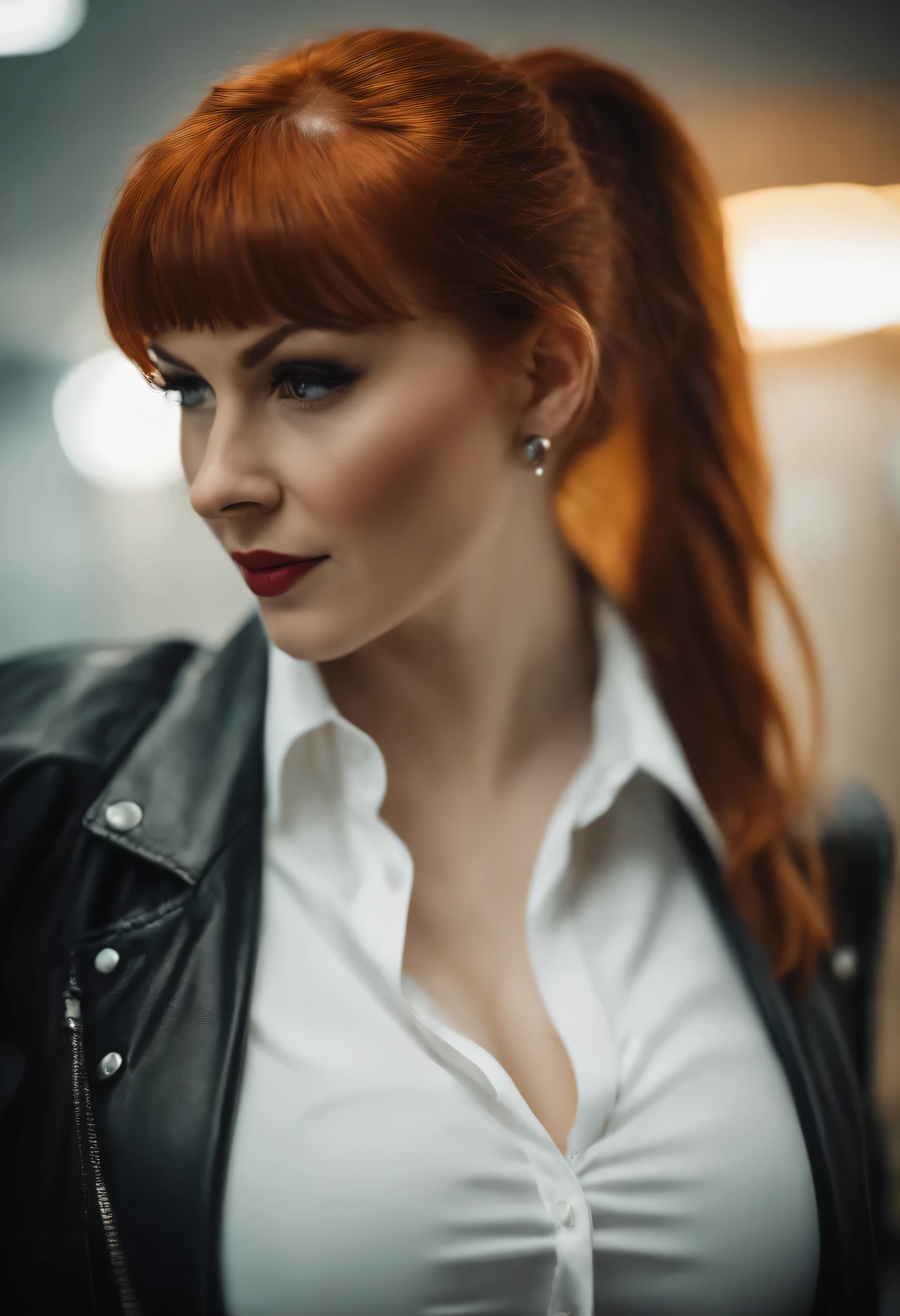 Busty redhead in the office, Pferdeschwanz, vollbusig, Cup size D, cyberpunk theme, Spaltung, White blouse, kurzer schwarzer Rock, schwarze Jacke, Neonlichter, Fujifilm XT3 scharfer Fokus, Hohe Detailgenauigkeit, Scharfer Fokus, crazy details, Komplexe Details, hyperdetailliert