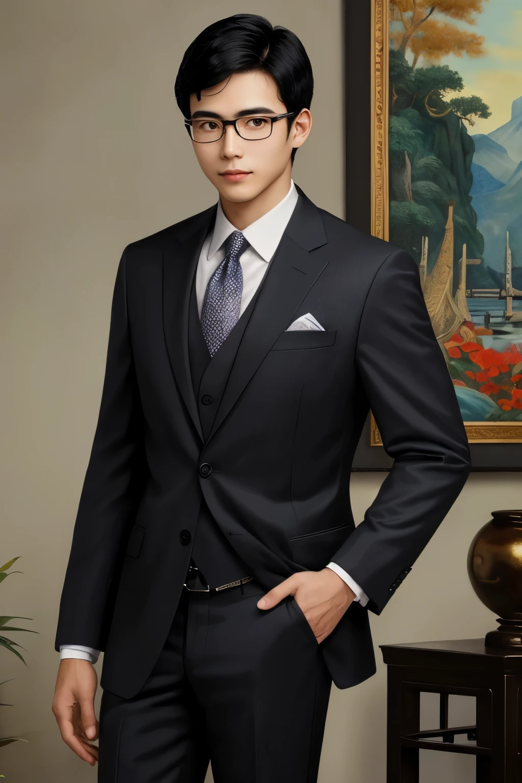 ((highest quality)), ((masterpiece)), (be familiar with), perfect face, intellectual, Glasses, suit, black color, Asian, male, black hair