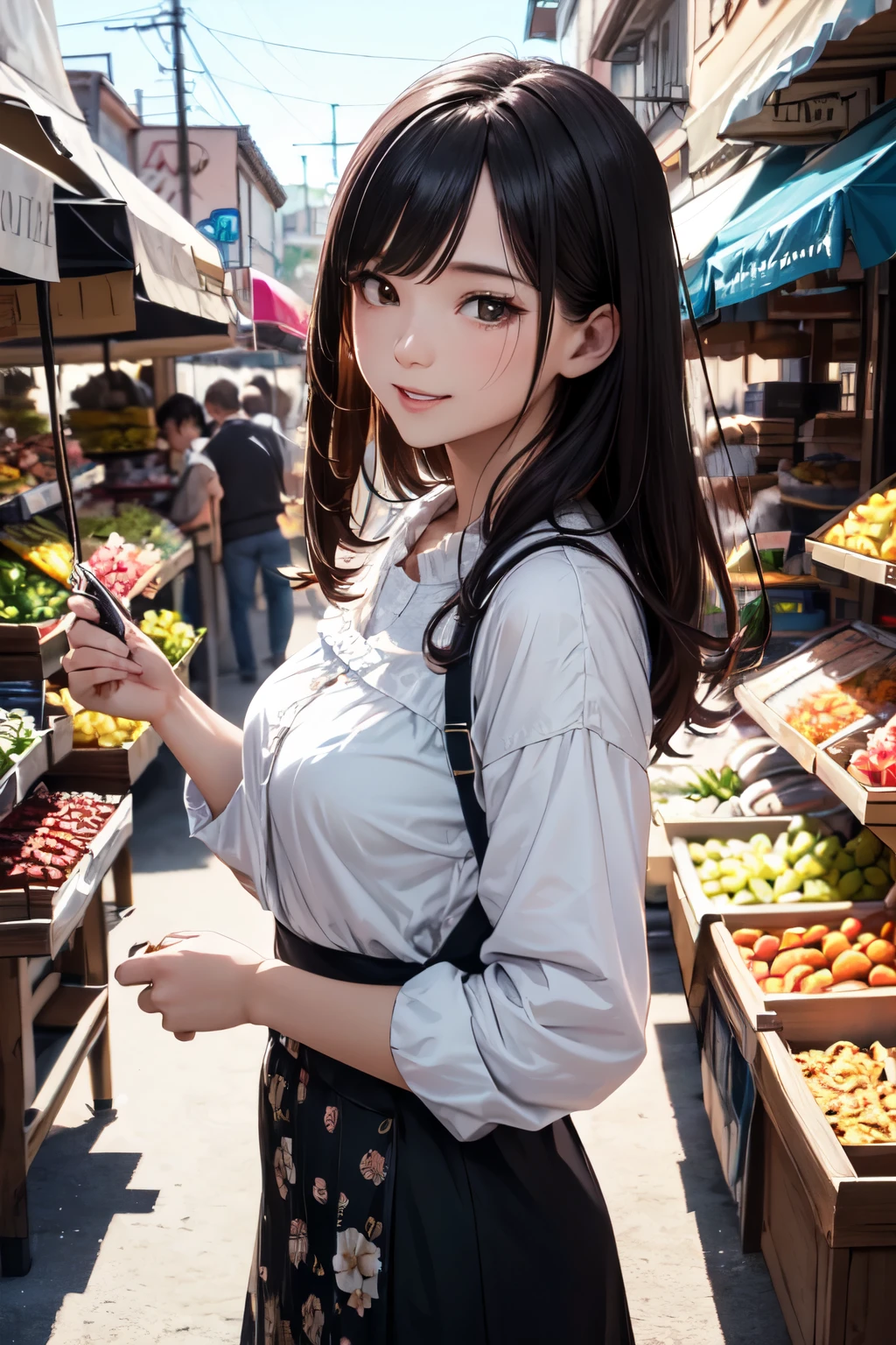 very cute and beautiful girl standing among town market,selling many kind of foods,
(highly detailed beautiful face),cowboy shot,yellow and white floral frilled apron on white blouse,blue skirt,
looking at viewer,(laugh),black hair,people,crowd,
(best quality,masterpiece:1.2),absurdres,highres,ultra-detailed,extremely detailed,32k,8k resolution,
intricate details,cinematic scene,detailed background,solo focus,dynamic angle,
