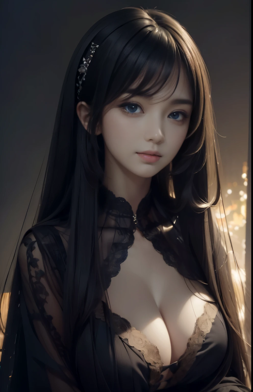(Hyper-realistic) , (illustratio), (Increase the resolution), (8K), (extremely detaile), (Most Best Illustration), (Beautiful and delicate eyes), (best qualtiy), (ultra - detailed), (masterpiece), ( the wallpaper), (Detailed face), solo, looking at viewert, exquisite detailing, Detailed face, in the darkness nigth, deep shading, low tune,pureerosfaceace_V1, ssmile,long straight hair,Black shawl, 46 points oblique bangs,big breasts