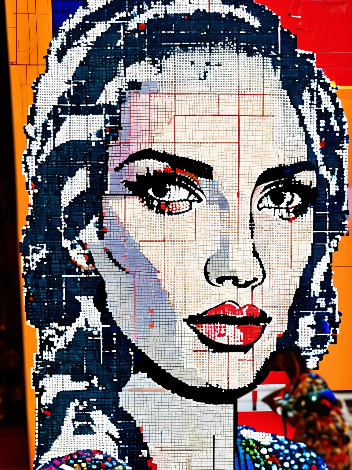 (best quality,4k,8k,highres,masterpiece:1.2),ultra-detailed,(realistic,photorealistic,photo-realistic:1.37),abstract pixel art,digital portrait,pixelated,small-scale artwork,fragmented aesthetic,beautiful detailed eyes,beautiful detailed lips,extremely detailed eyes and face,long eyelashes,close-up viewpoint,high-resolution depiction,colorful pixel blocks,digital technology,numerous colorful pixels,meticulous composition,Chuck Close-inspired artwork,translucent color blocks,grid-like canvas segmentation,intimate portrayal,combination of photography and aesthetics,visual experience influenced by digital technology,fragmented and formatted impact,harmonious chromatic palette,playful color schemes,precise application of pixels,artistic interpretation of a girl's face