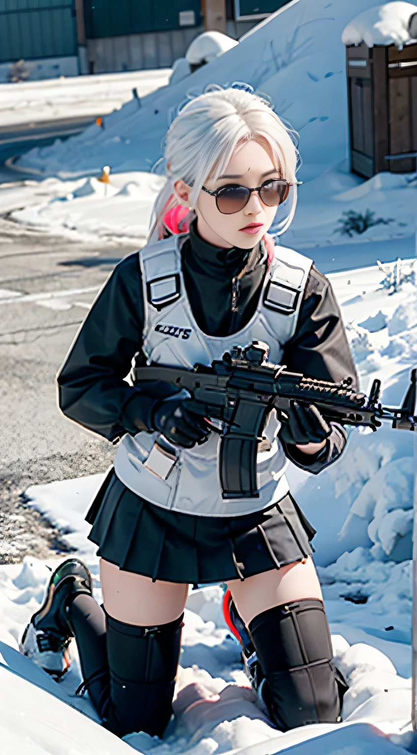 ((Best quality)), (Masterpiece), Photorealistic, Photorealism, 1 girl kneeling and aiming with an AK-47 assault rifle, Mini skirt, (upper legs), Photorealistic, high resolution,Snow background, looking to the camera, (Detailed face), White hair, SWAT vests, Gun, jewelry，Black gloves, sunglasses on head, Fingers are occluded