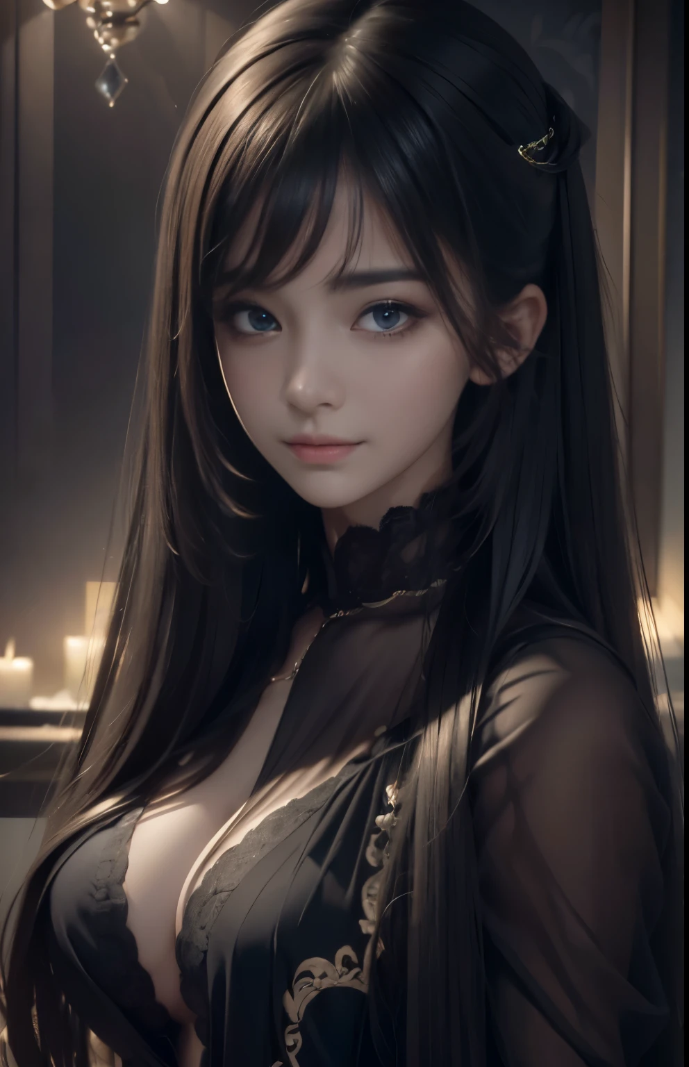 (Hyper-realistic) , (illustratio), (Increase the resolution), (8K), (extremely detaile), (Most Best Illustration), (Beautiful and delicate eyes), (best qualtiy), (ultra - detailed), (masterpiece), ( the wallpaper), (Detailed face), solo, looking at viewert, exquisite detailing, Detailed face, in the darkness nigth, deep shading, low tune,pureerosfaceace_V1, ssmile,long  straight hair，Black shawl, 46 points oblique bangs，big breasts