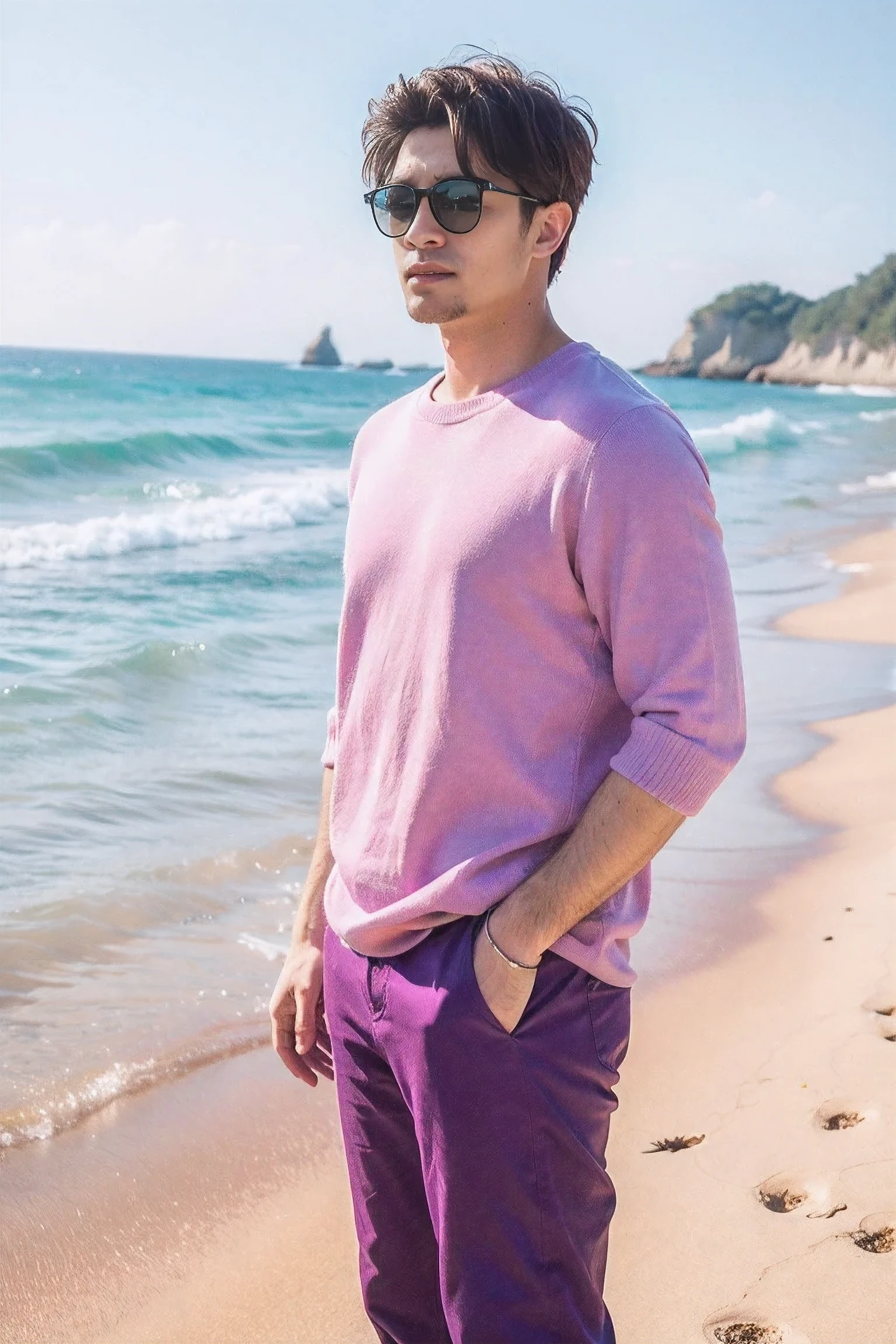 Realistic photography, 8k ,Handsome young man wearing purple pants ,beach