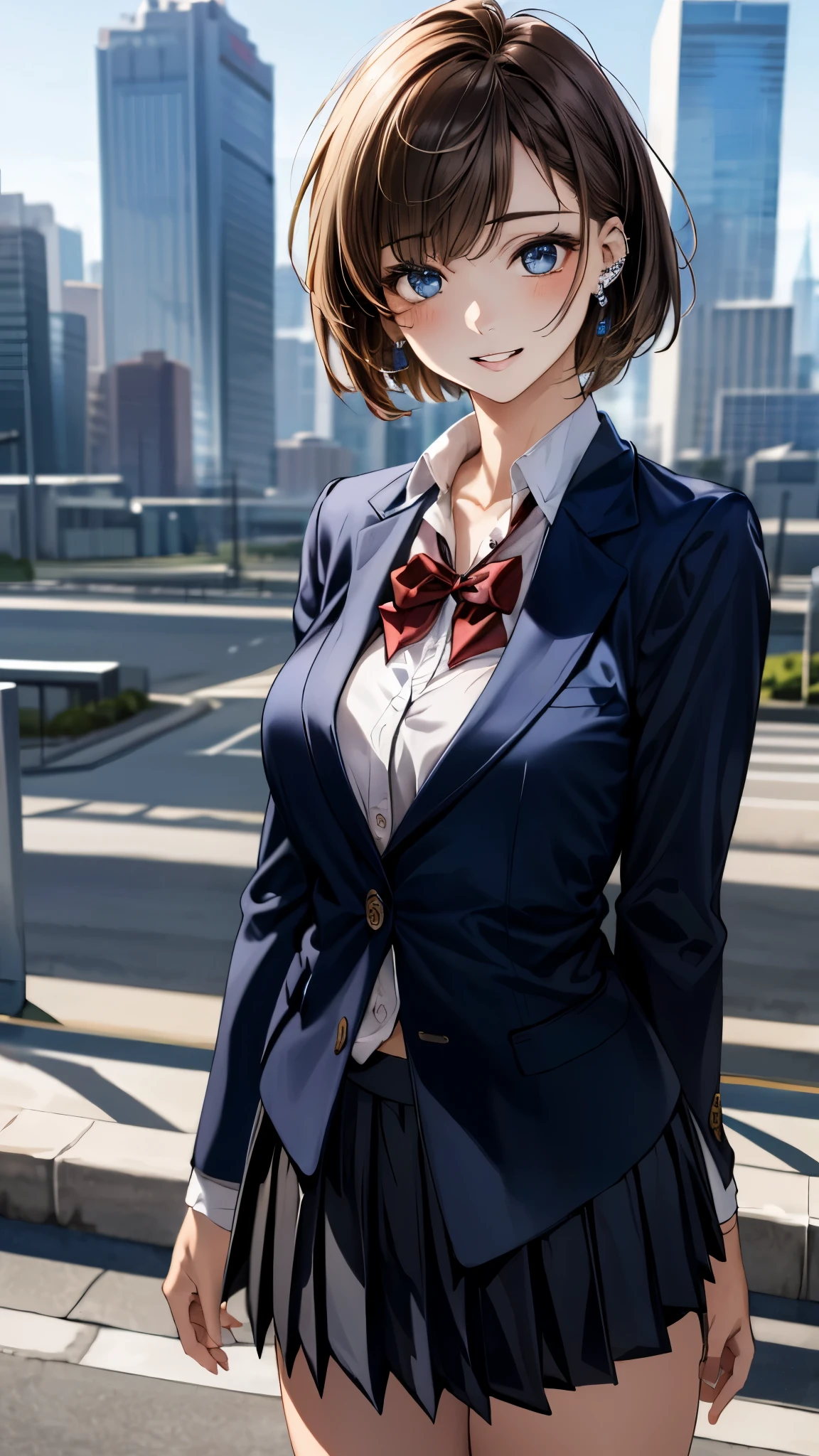 (masterpiece:1.3, top-quality, ultra high res, ultra detailed), (realistic, photorealistic:1.4), beautiful illustration, perfect lighting, colorful, depth of fields, 
beautiful detailed hair, beautiful detailed face, beautiful detailed eyes, beautiful clavicle, beautiful body, beautiful chest, beautiful thigh, beautiful legs, beautiful fingers, 
looking at viewer, front view:0.6, 1 girl, japanese, high school girl, perfect face, (perfect anatomy, anatomically correct), cute and symmetrical face, face, , shiny skin, 
(short hair:1.2, bob cut:1.2, light brown hair), asymmetrical bangs, blue eyes, long eye lasher, (medium breasts), slender, 
((navy blazer, collared white shirt, navt pleated skirt)), dark red bow tie, piercing, 
(beautiful scenery), evening, (city, cityscape in the distance), standing, (hand on chest), (happy smile, parted lips), 