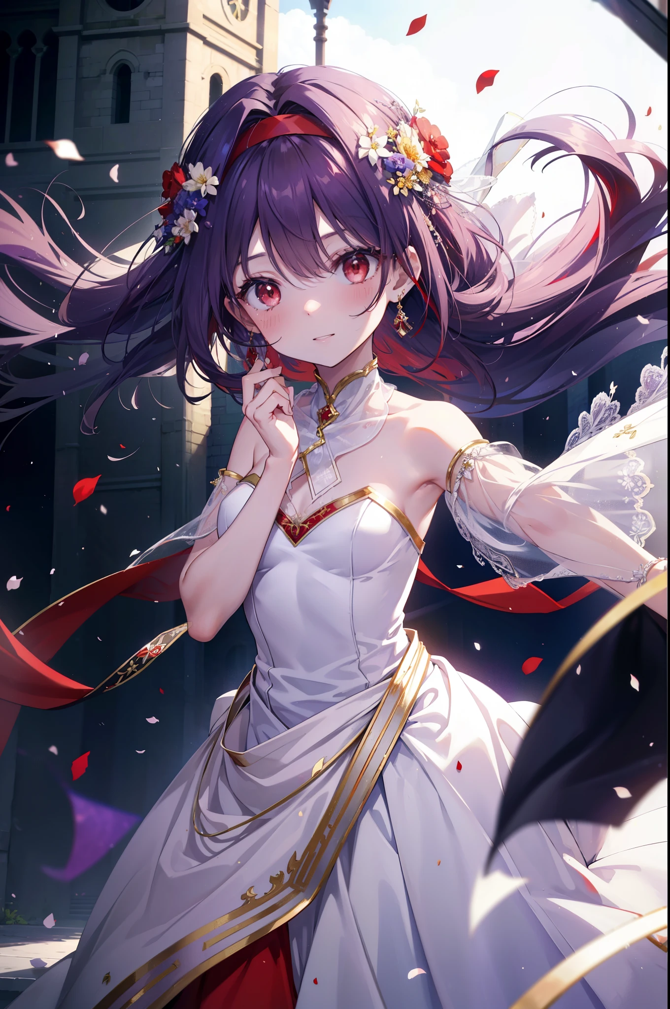 yuukikonno, Yuki Konno, hair band, long hair, pointed ears, purple hair, (red eyes:1.5), (small breasts:1.2), open your mouth,blush,smile,bossy, Wedding dress,veil,Wedding Skirts,bouquet,bouquetトス,holding a large bouquet of flowers in both hands, looking up from below,
break looking at viewer, Upper body, full body,
break outdoors, church,chapel,
break (masterpiece:1.2), highest quality, High resolution, unity 8k wallpaper, (figure:0.8), (detailed and beautiful eyes:1.6), highly detailed face, perfect lighting, Very detailed CG, (perfect hands, perfect anatomy),