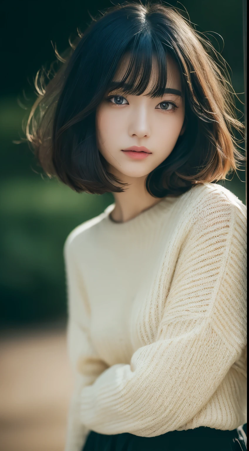 (top quality, ​Masterpiece, high resolution), (authenticity),beautiful japanese girl, Lovely, Gravure idle picture, detailed, detailed eyes, detailed skin, beautiful skin, beautiful skin, thin and long,  (wallpapene details, detailed face, sad, sweater, skirt, Look straight ahead,From the waist up, bright lights, professional lighting,  (A black-haired one, bob hair, layer cut, swaying in the wind, Bangs),