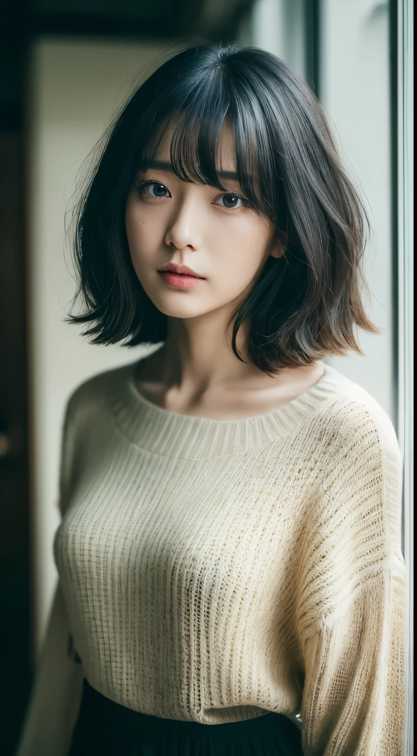 (top quality, Masterpiece, high resolution), (authenticity),beautiful japanese girl, Lovely, Gravure idle picture, detailed, detailed eyes, detailed skin, beautiful skin, beautiful skin, thin and long, (wallpapene details, detailed face, sad, sweater, skirt, Look straight ahead,From the waist up, bright lights, professional lighting, (A black-haired one, bob hair, layer cut, swaying in the wind, Bangs),