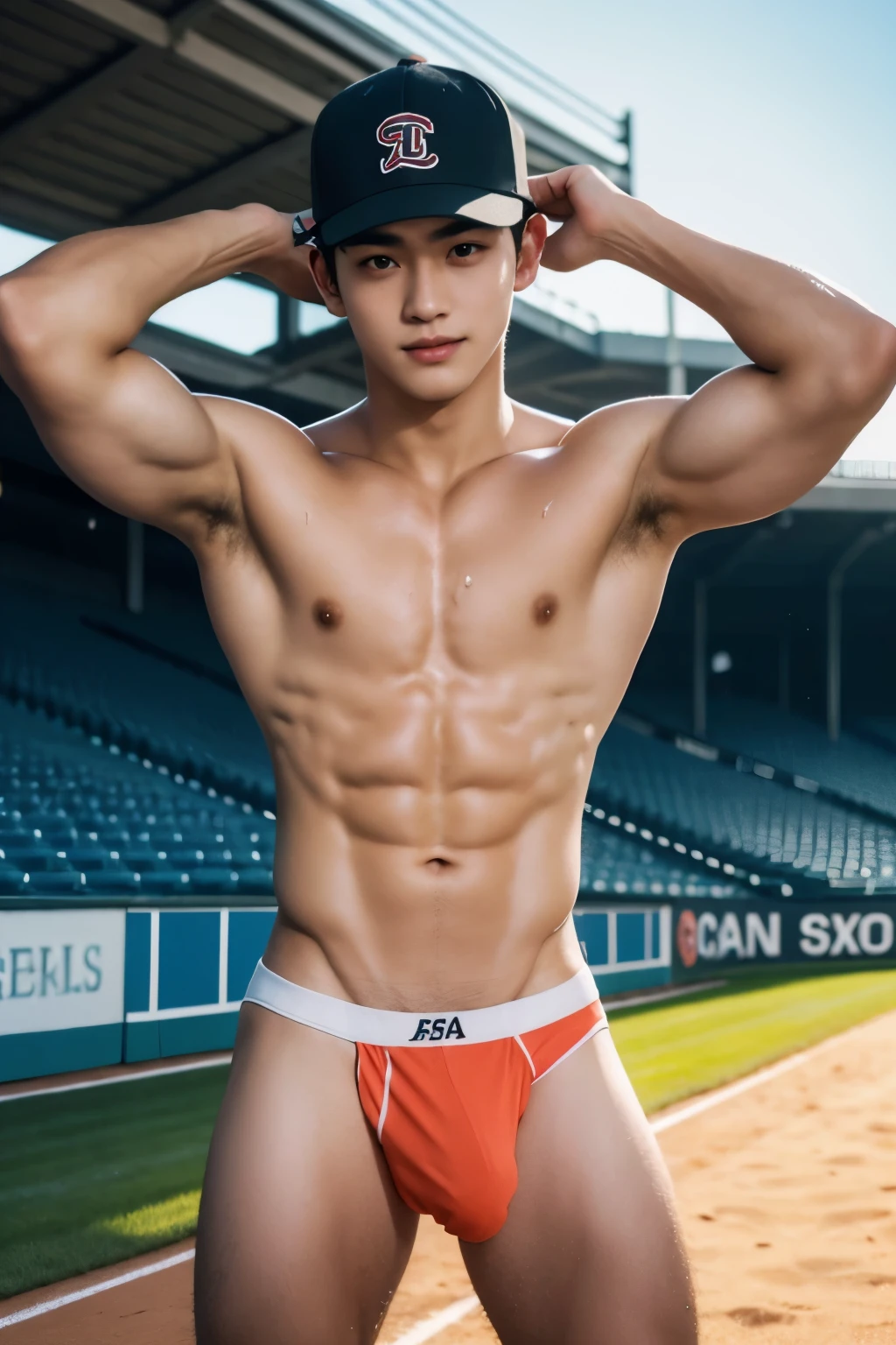 surrounded by audience, Crowded baseball stadium, ager, Slim fit body, teeny, Shota, very cute boy face, 17 yearste face, young kids, Very young teenager boy, basebatadium, baseball field scenery, Outdoors, he wore a small transparent towel covering half of his big dick, Sweat dripping all over the body, sweat covering all over the body, Full body photo, wearing Very tiny thong, Proudly showing off his sweaty very hairy armpits to audience in baseball stadium, completely naked just wearing thin Tiny thong, wearing baseball cap, 17 years old boy, very ynematic soft lighting illuminates a stunningly detailed and ultra-realistic handsome korean male supermodel, ultra messy curly hair, clear honey eyes, captivating perfect smile, sensual, hot man, insanely handsome, showing off his sweaty body, very sixpack muscular body build, slender, toned, full body, 8k, photography, masterpiece, detailed face, detailed eyes, sexy, beautiful abdomen and beautiful legs and a detailed big hard bulge, expression of ecstasy, excited, slim, detailed eyes and lips, sixpack and fit body. Image quality is of the highest standard, with ultra-detailed features and a realistic appearance. The colors are bright and vibrant, enhancing the overall aesthetic. The lighting is soft and natural, casting a soft glow on the boy, don't merge body's