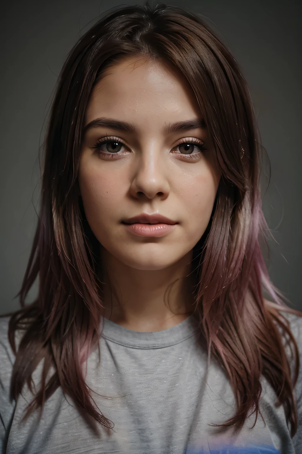 una mujer joven y bonita DESCANSO (ombre:1.3) movie grain BREAK brunette with highlights in dyed pink hair, foto retrato, fondo gris, only face, Hyper realistic, Hiper detallado