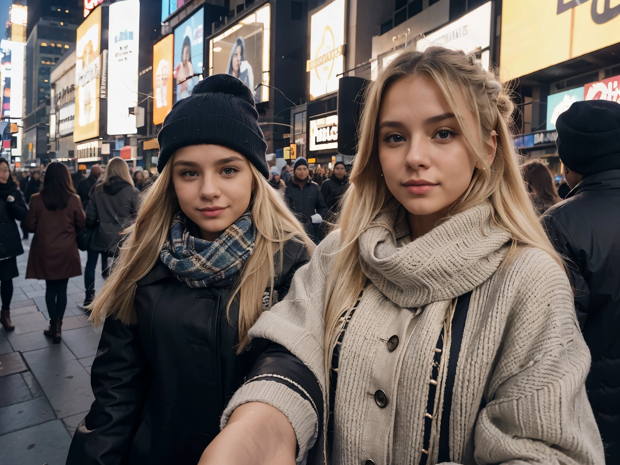 20 year old blonde girl, cabello dorado a la altura del hombro, labios gruesos, abdomen marcado, en times square, ropa de invierno, bufanda, abrigo.
