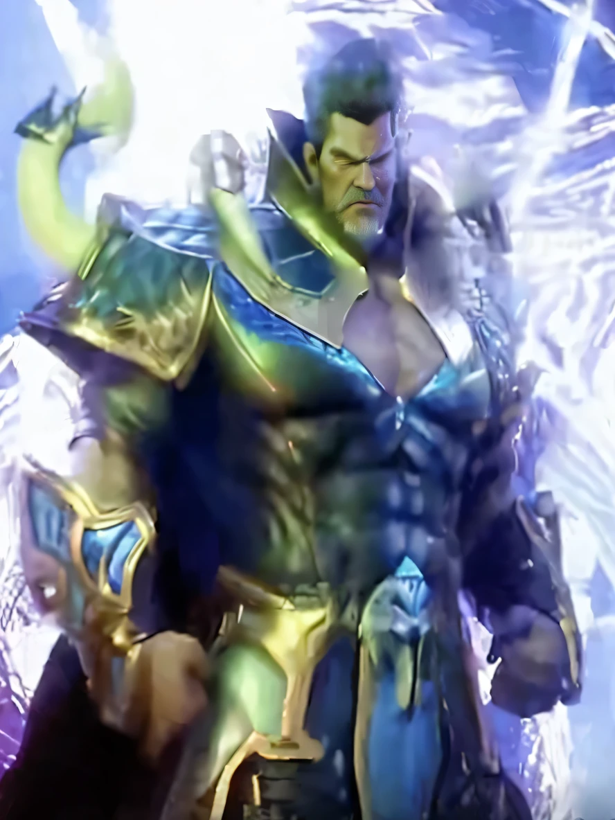 A big one, muscular old man,Sixty-five years old,Sapphire blue armor,Achromasia,gold trim