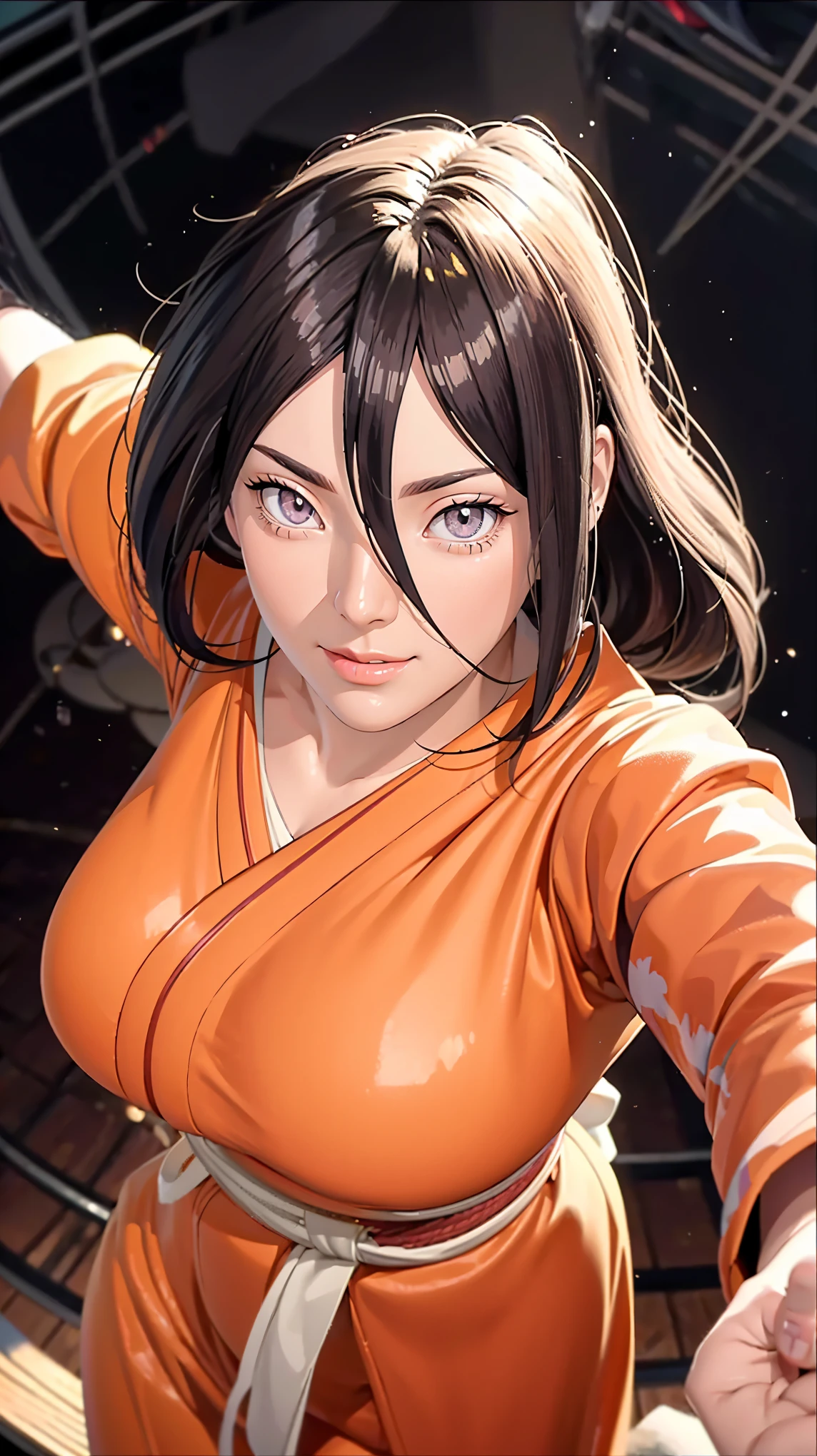 （（（完美figure，figure，orange kimono, obi，hakama skirt，hana，flame print kimono，（（（hyuuga hanabi，low tied long hair，hair bow，Light blue pupils））），S型figure:1.7））），((masterpiece)),high resolution, ((Best quality at best))，masterpiece，quality，Best quality，（（（ Exquisite facial features，looking at the audience,There is light in the eyes，Happy，lol））），（（（Interlacing of light and shadow，））），（（（looking into camera，black background，Exaggerated perspective , ultra wide shot,easynegative v2）））