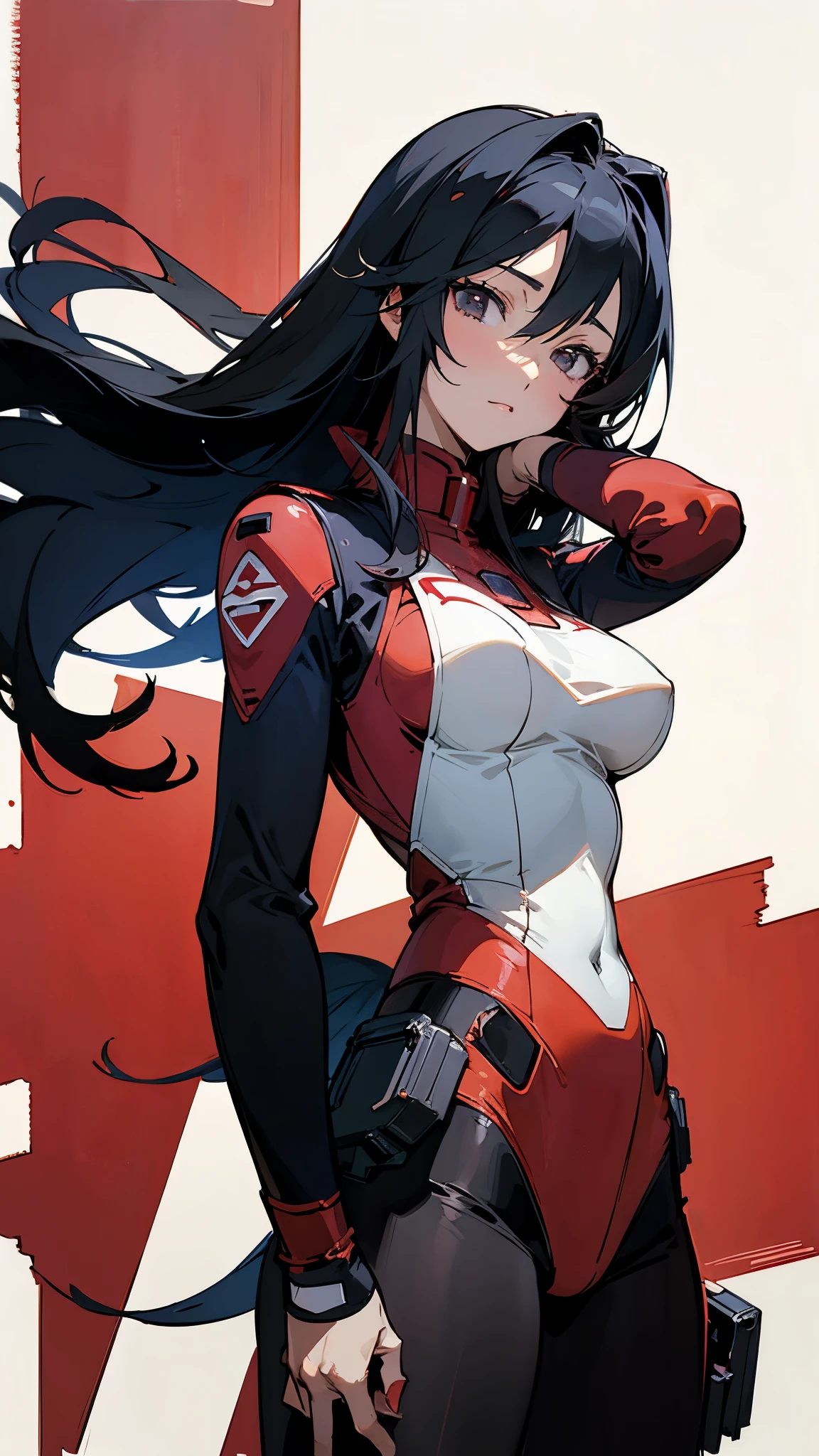 long black hair、Beautiful woman、black eyes,red pilot suit、gundam、Aina、breast enhancement、anime touch、hand drawn、classic、watercolor painting
