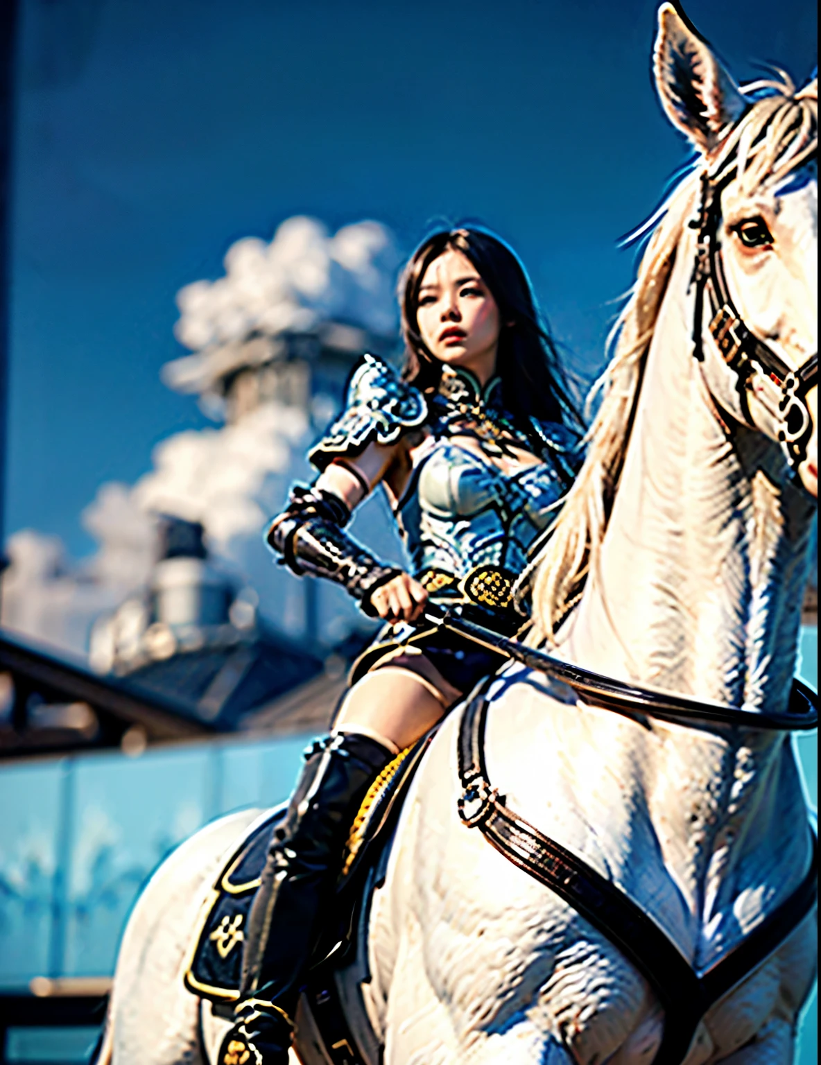 (Best Quality, Masterpiece:1.4), (Realism:1.2), (Realisitc:1.2), (Absurdres:1.2), (photorealistic:1.3), 1girl,Realistic Skin,Solo,( Very Big Eyes,beautiful detailed eyes, symmetric eyes), upper body,((cowboy shot)),battlefield, Chinese martial arts war scenes, a girl Chinese wearing blue and white porcelain armor, martial arts style, Chinese fairy tale,highly detailed, dynamic, cinematic, stunning, realistic lighting and shading, vivid, vibrant, octane render, unreal engine, very detailed, concept art, realistic, riding white horse, windsmoke,Chinese Zen style,impactful picture, 