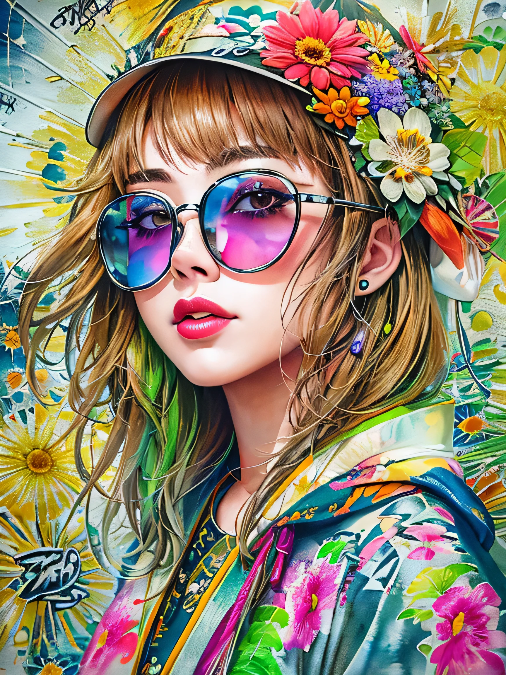 8K quality, watercolor painting, stylish design, (((The strongest beautiful girl of all time))), (((Japan situation)))、Idol、clear, Stylish sunglasses, Fashionable hats, (((highest quality))), bob hair, lips in love, HDR, ((Detailed details)), stylish fashion, detailed clothing texture, (((graffiti art))), colorful hair, ((masterpiece))、((Super detailed))、(((colorful flowers)))