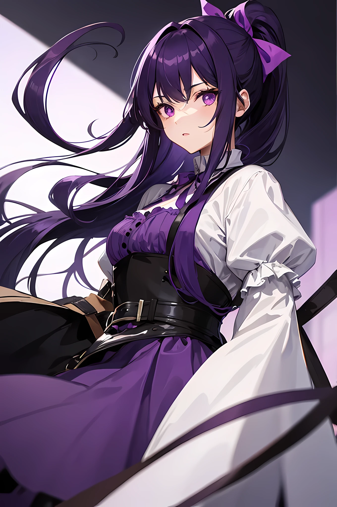 1girl, long dark purple hair, ponytail, purple hair ribbon, dark purple eyes, wearing dark purple knight armor, white dress,