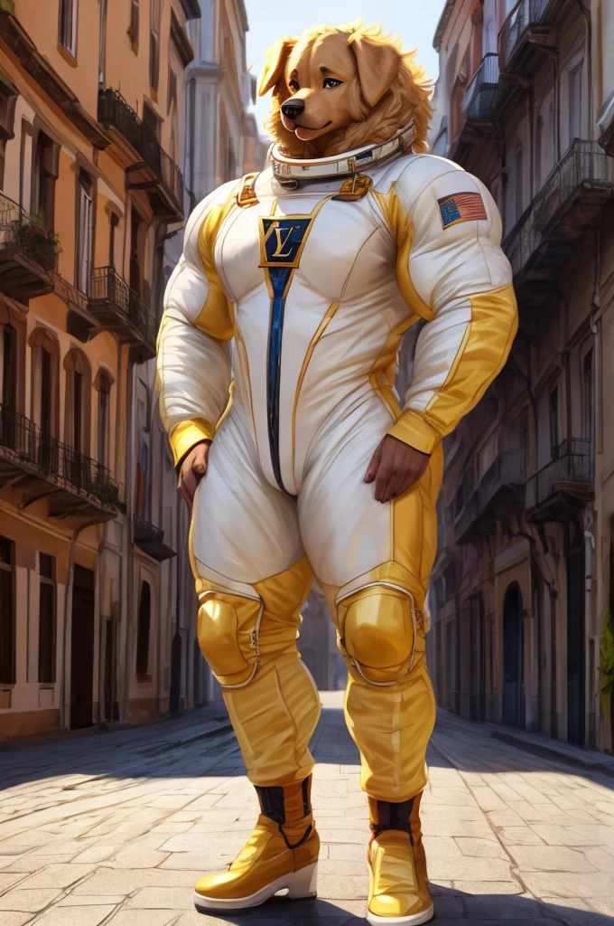 By bebebebebe, by lostgoose, by goonie-san, solo, female, canine, afro, (((hair, Golden Retriever))), standing, (tail, snout), standing, (((detailed eyes))), (italian city), adult, mature, ((skintight louis vuitton spacesuit)), hands behind back, ((massive, giant, muscular, athletic, huge, broad shoulders, thicc, milf))
