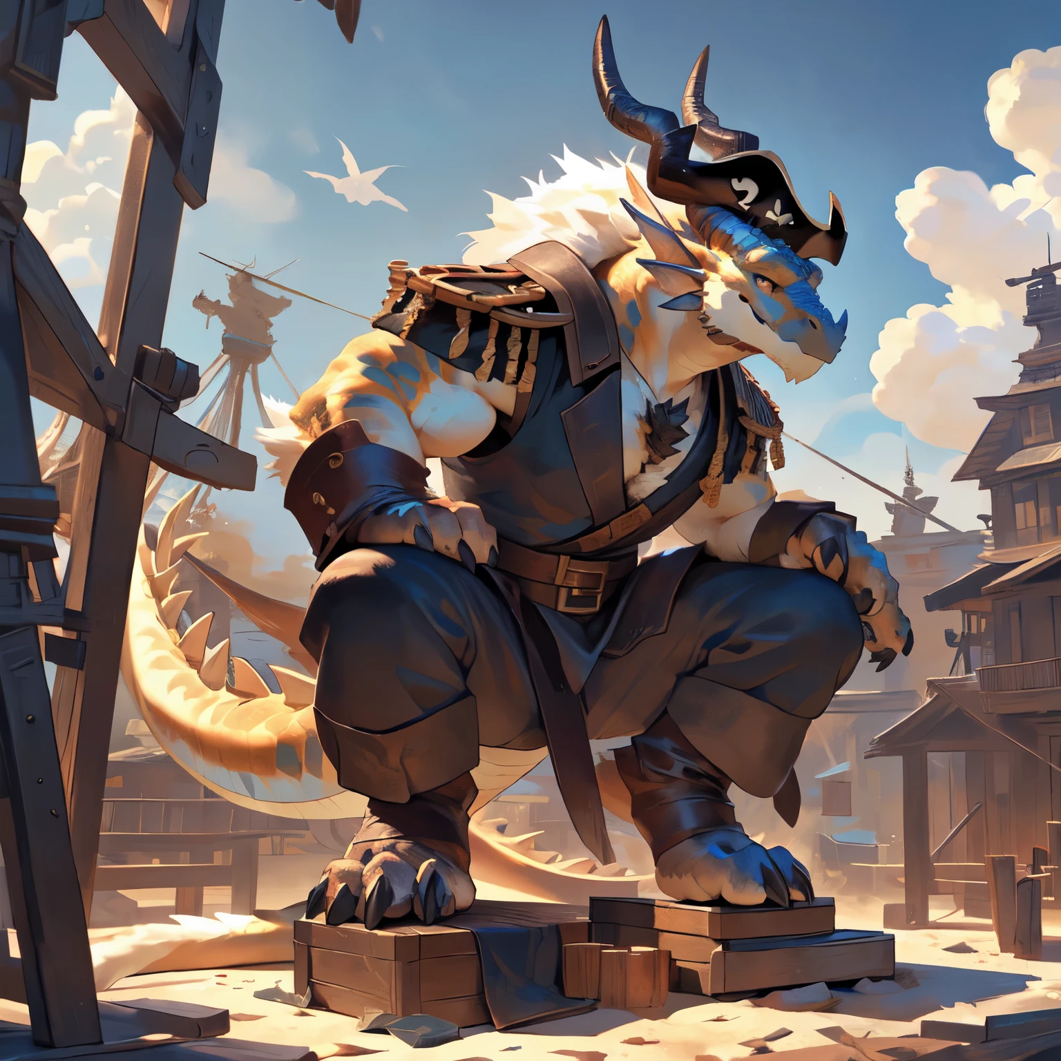 (detailed background:1.2),(sky,cloud,ship,flyingcraft,pirate,pirate costume),(rewarding, masterpiece ,best quality ,high quality, shaded, 8K),(kemono,furry,anthro),(by darkgem, by sindenbock, by taran fiddler, by burnbuckie, by nezumi, by sindoll),(anthro dragon male with muscular build ,fluffy body:1.4),(((from_below)),foreshortening,close-up,stepped on objects, (smug, looking ahead)