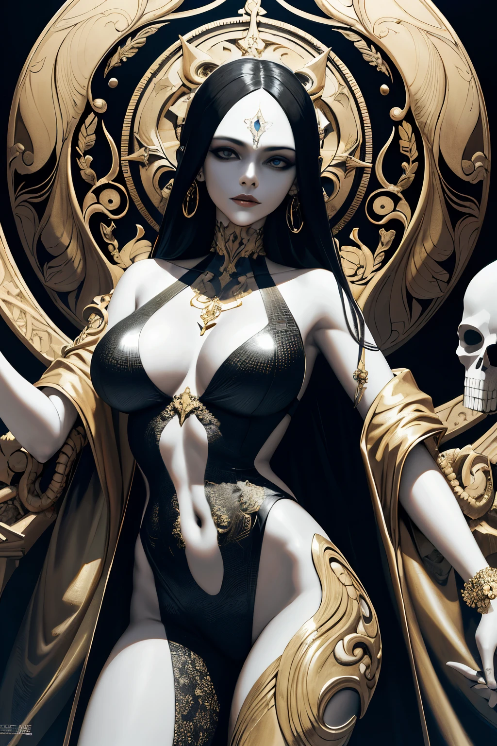 (A mesmerizing masterpiece: 1.3), gilded swirls adorning a monochrome statue of a woman, holding a skull in an intriguing pose,
(Logo art of the highest quality: 1.0), portrait of a holy necromancer, with a desolated and monolithic expression,
Golden-black details, meticulously crafted by the renowned artist Yasutomo Oka,
My computer icon, transcending the digital realm with stunning realism,
Detailed and intricate, without the clutter of labels or any visible text.