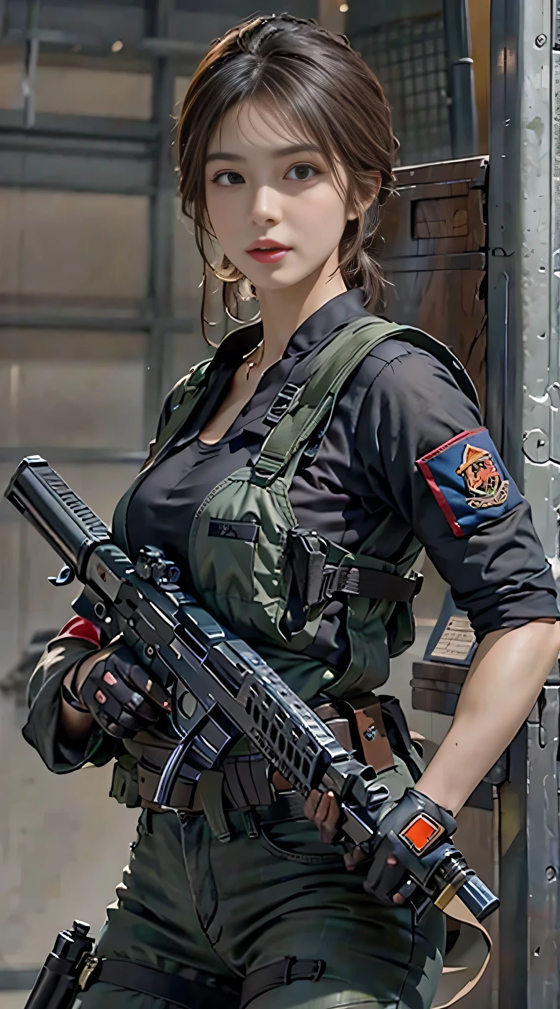 Beautiful woman with two guns、Detailed guns、He has a gun、I have two guns、Holding a gun in both hands、Holding a gun、Sniperの女性、Sniper Woman、military woman、Mercenary Woman、Gun Expert、Gun Specialist、Black Tank Top、Slim Abs、Belted denim shorts、Fingerless gloves、boots、Tattoo on chest、Smoke、Cleavage、Violence、Murderous intent、Bad security、Desolate cityscape、highest quality、8K、masterpiece、Ultra-high resolution、Ultra HD、Masterpiece,Delicate face、Detailed eyes and face、Pretty Face、Bad look in the eyeurderous intent立つ、Sniper、Tall beautiful woman、Long, slender legs、1 girl