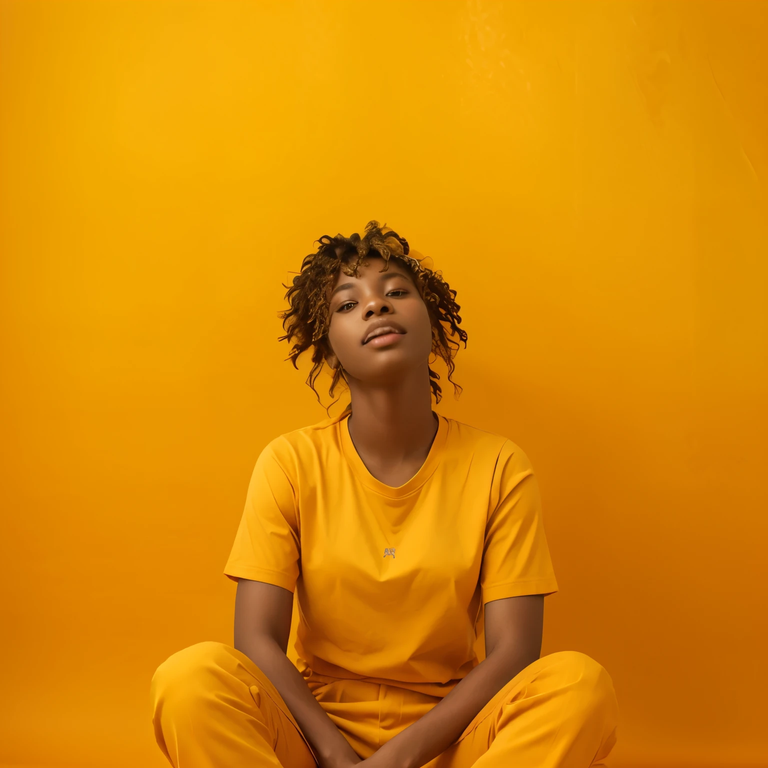 African american girl 20 something wearing deep saffron clothing in front of plain background same color as her clothes. Ultra high res, photorealistic:1.4