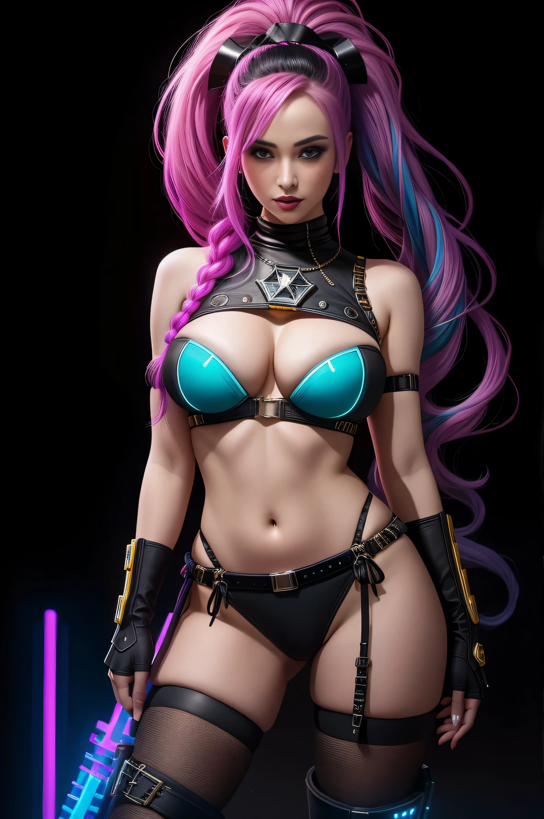 there is Jinx League of Legends standing, long blue platted hair, nice ass, thigh high boots, 3 d neon art of a woman's body, neon-noir background, cyberpunk femme fatale, seductive cyberpunk dark fantasy, cyberpunk strip clubs, cyberpunk 20 y. o model girl, oppai cyberpunk, banner, high definition cgsociety, cgsociety masterpiece, trending on cgstation, kda, random hair, looking at camera, gigantic breasts, cleavage, (high detailed skin:1.2), 8k uhd, dslr, super lighting, high quality, film grain, high res, highly detailed, hyper realistic, beautiful face, beautiful body, beautiful eyes nose lips, alluring expression, very bold, upper  visible, full body photo, standing legs apart, pale translucent glowing skin, most beautiful face, cute, (well defined pubic hair:1.2)), (dark plain black background:1.4))