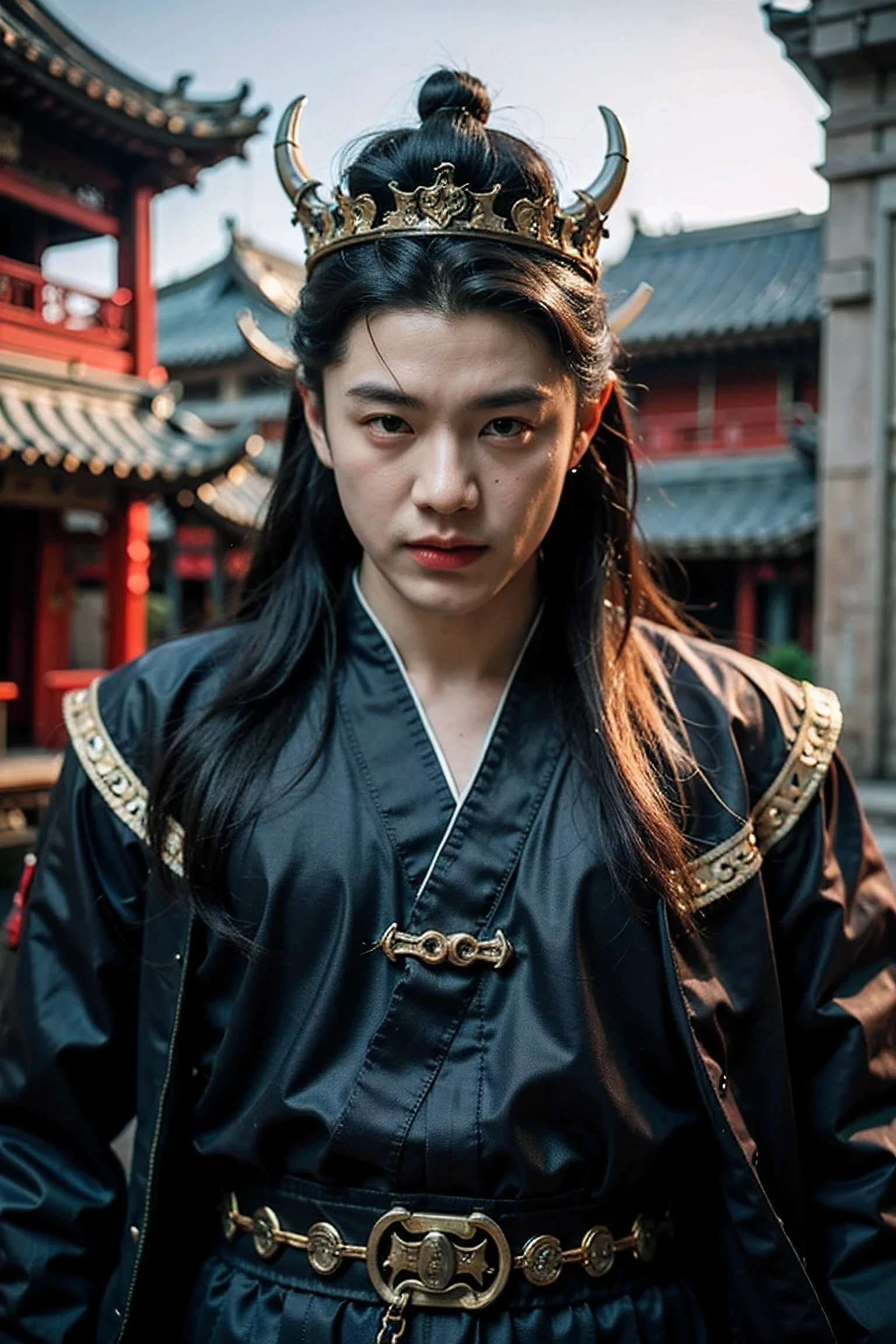 Realistic photography, Handsome Chinese Demon King ,Dark Castle