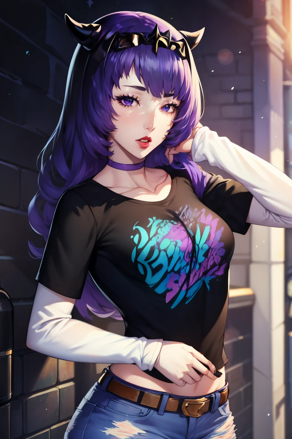 defCamilla, tiara, purple hair, 1girl, solo, standing, black t-shirt, white shirt, blue jeans, belt, lipstick, eyewear on head,