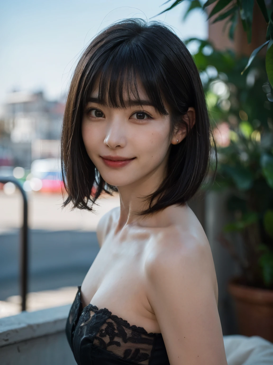 (on the table, best quality、ultra high resolution、face focus focus、Focus on the side、navel focus、low cut focus、Very attractive beauty、Adds intense highlights to eyes、Look closely at the camera:1.4、Absolutely beautiful bangs:1.4、Black hair with short bob haircut with bangs:1.4),1 girl, Report, black haired, actual, looking at the audience, Pale black eyes, short hair, lips, lip gloss, Upper body、big eyes、eyelash)、((italian nature background、Super real:1.4))、((short hair with bangs:1.4、46 points nice bangs:1.4、{巨big deal|big deal|巨big dealな|mega} Chest:2, split:2、big eyes、Give students a very powerful highlight、very big dealger Chest、look at the audience、very beautiful beautiful、show me your ears、Beautiful long neck、beautiful shoulders、Smile、A Smilee beautiful teeth、Open your mouth and Smilee))、28 years old、Very cute super model、perfect anatomy