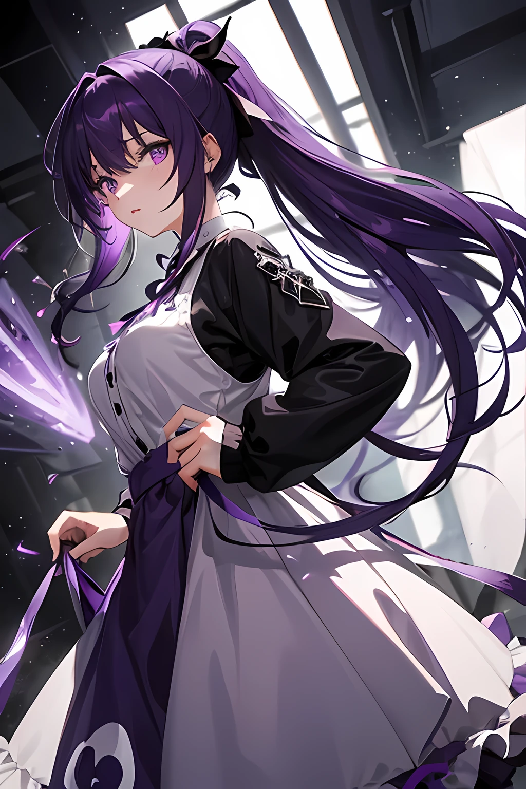 1girl, long dark purple hair, ponytail, purple hair ribbon, dark purple eyes, wearing dark purple knight armor, white dress
close pov, light effects,