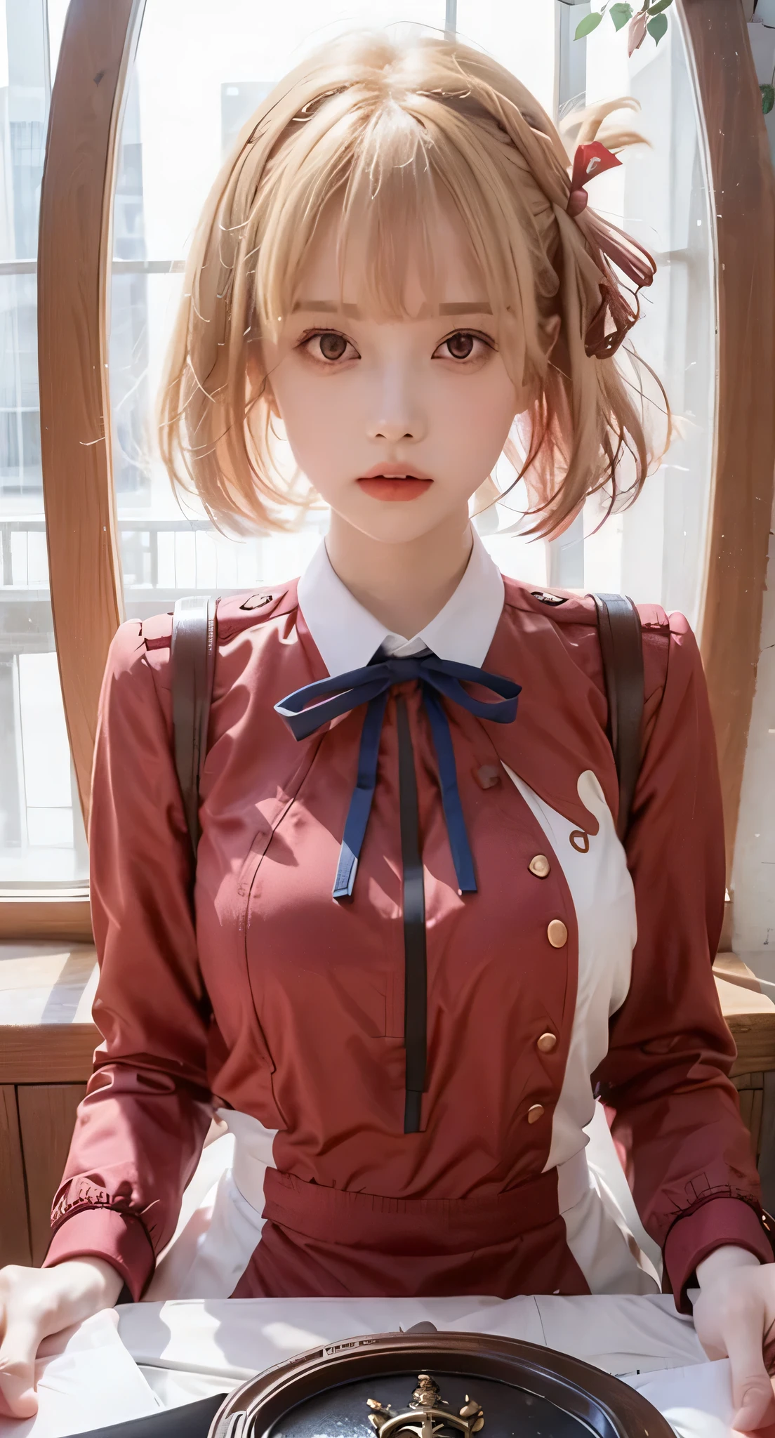 1 girl, alone, ribbon, neck ribbon, short hair, blonde hair, looking at the viewer, red jacket, indoors, long sleeve, window, button, bangs, hair ribbon, hair ornaments, sitting