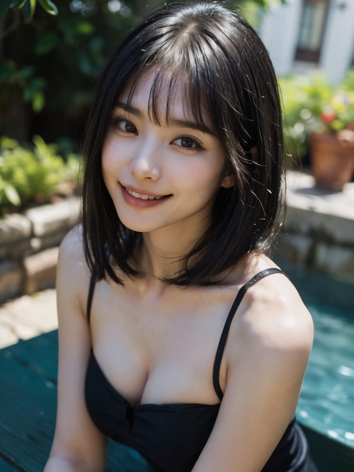 (on the table, best quality、ultra high resolution、face focus focus、Focus on the side、navel focus、low cut focus、Very attractive beauty、Adds intense highlights to eyes、Look closely at the camera:1.4、Absolutely beautiful bangs:1.4、Black hair with short bob haircut with bangs:1.4),1 girl, Report, black haired, actual, looking at the audience, Pale black eyes, short hair, lips, lip gloss, Upper body、big eyes、eyelash)、((italian nature background、Super real:1.4))、((short hair with bangs:1.4、46 points nice bangs:1.4、{巨big deal|big deal|巨big dealな|mega} Chest:2, split:2、big eyes、Give students a very powerful highlight、very big dealger Chest、look at the audience、very beautiful beautiful、show me your ears、Beautiful long neck、beautiful shoulders、Smile、A Smilee beautiful teeth、Open your mouth and Smilee))、28 years old、Very cute super model、perfect anatomy