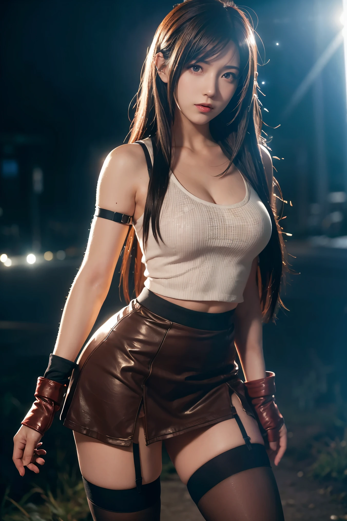 tifa lockhart, wallpaper, landscape, depth of field, night, light particles, light rays, side lighting, thighs, skirt, red eyes, brown hair, thigh high socks, arm sleeves
