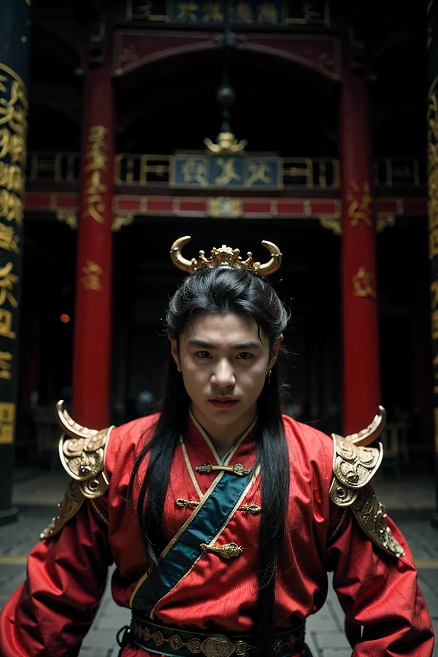 Realistic photography, Handsome Chinese Demon King ,Dark Castle