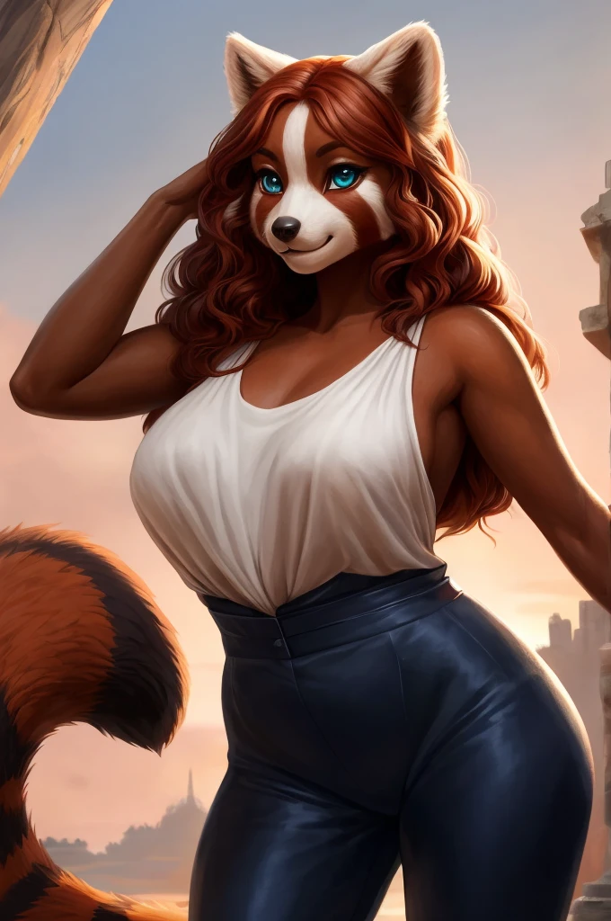 (a girl,a woman) with (red,ginger) hair and (large,curly,voluminous,wavy) strands, (curvaceous,voluptuous,wild) (figure,body,physique), (big, ample, full, generous, rounded, shapely) (curves, hips, derriere, buttocks, assets), (well-endowed, buxom) (bosom, breasts, bust), (captivating,beautiful,gorgeous,striking,attractive,mesmerizing,enticing) (green,blue) (eyes,irises), (rosy,plump,full) (lips), (soft,smooth,supple,delicate,flawless) (skin, complexion), and (delicate,feminine) (features, facial features, face) covered in (subtle, natural, light) (makeup).
She is dressed in a (casual,elegant,stylish,vibrant,colorful) outfit, consisting of a (fitted, tight, form-fitting) (top, shirt, blouse) and (figure-hugging, bodycon) (pants, trousers, leggings). The top emphasizes her (curves, figure), while the pants highlight her (slender, toned) legs.
Her posture is (confident, poised, elegant), standing (straight, tall) with her (head, chin) held high. She has her (hands, arms) placed gracefully behind her back.
The background is plain, with a (neutral, solid) color that enhances the focus on the main subject. The lighting is soft, casting a gentle glow on her face and creating subtle shadows.
The overall image quality is of the highest level, with (best quality,4k,8k,highres,masterpiece:1.2), ultra-detailed, and (realistic,photorealistic,photo-realistic:1.37) rendering. The colors are vivid and vibrant, adding a sense of life to the artwork.
The style of the image is a combination of (bebebebebe:0.55), buta99, chelodoy, and butterchalk, resulting in a unique and visually stunning piece. The aesthetics are inspired by furry art, with anthropomorphic elements, specifically featuring a solo female character who resembles a red panda (E621), adding an exotic and playful touch to the composition.
The viewpoint of the image is a front view, allowing the viewer to appreciate all the intricate details and carefully crafted elements of the artwork.