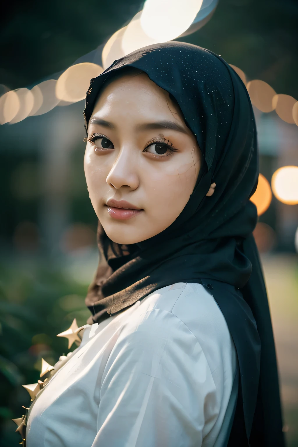 A beautiful 1 Asian girl, wearing a black hijab, is taking a selfie with her face very close to the camera. She is dressed in fashionable and elegant white attire paired with black pants. Her expression is one of high value, showcasing confidence and grace.