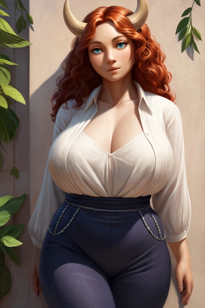 (a girl,a woman) with (red,ginger) hair and (large,curly,voluminous,wavy) strands, (curvaceous,voluptuous,wild) (figure,body,physique), (big, ample, full, generous, rounded, shapely) (curves, hips, derriere, buttocks, assets), (well-endowed, buxom) (bosom, breasts, bust), (captivating,beautiful,gorgeous,striking,attractive,mesmerizing,enticing) (green,blue) (eyes,irises), (rosy,plump,full) (lips), (soft,smooth,supple,delicate,flawless) (skin, complexion), and (delicate,feminine) (features, facial features, face) covered in (subtle, natural, light) (makeup). She is dressed in a (casual,elegant,stylish,vibrant,colorful) outfit, consisting of a (fitted, tight, form-fitting) (top, shirt, blouse) and (figure-hugging, bodycon) (pants, trousers, leggings). The top emphasizes her (curves, figure), while the pants highlight her (slender, toned) legs. Her posture is (confident, poised, elegant), standing (straight, tall) with her (head, chin) held high. She has her (hands, arms) placed gracefully behind her back. The background is plain, with a (neutral, solid) color that enhances the focus on the main subject. The lighting is soft, casting a gentle glow on her face and creating subtle shadows. The overall image quality is of the highest level, with (best quality,4k,8k,highres,masterpiece:1.2), ultra-detailed, and (realistic,photorealistic,photo-realistic:1.37) rendering. The colors are vivid and vibrant, adding a sense of life to the artwork. The style of the image is a combination of (bebebebebe:0.55), buta99, chelodoy, and butterchalk, resulting in a unique and visually stunning piece. The aesthetics are inspired by furry art, with anthropomorphic elements, specifically featuring a solo female character who resembles a Buffalo (E621), adding an exotic and playful touch to the composition. The viewpoint of the image is a front view, allowing the viewer to appreciate all the intricate details and carefully crafted elements of the artwork.