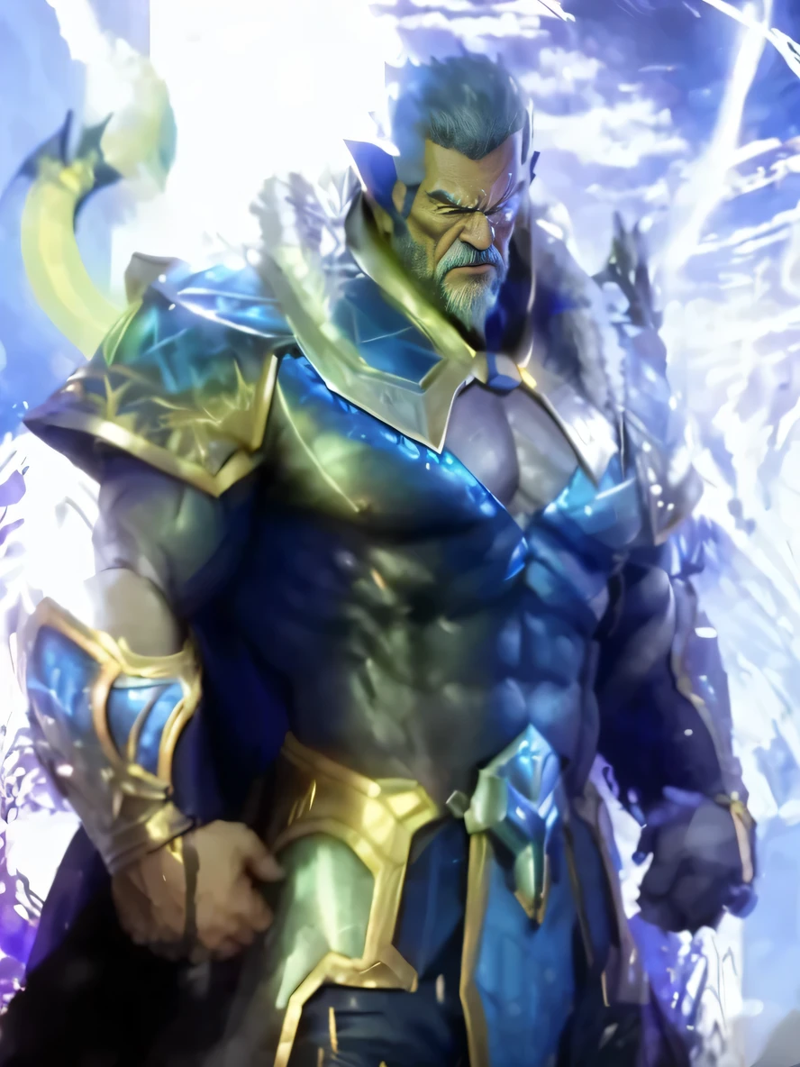 A big one, muscular old man,Sixty-five years old,Sapphire blue armor,Achromasia,gold trim,He exposed his muscular chest,Energetic,He frowned