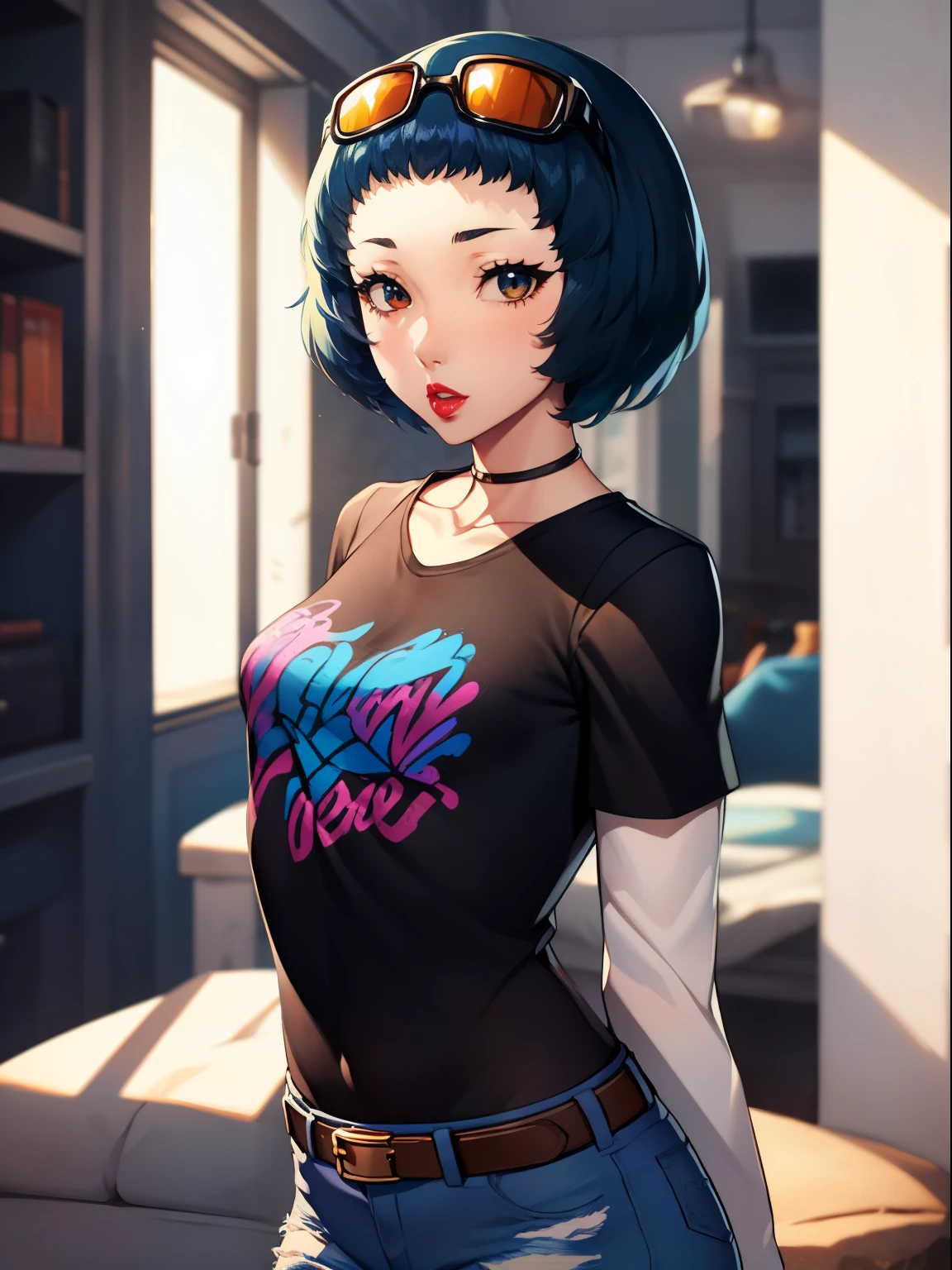 fuukap3, short hair ,glossy lips ,blue hair, 1girl, solo, standing, black t-shirt, white shirt, blue jeans, belt, lipstick, eyewear on head,