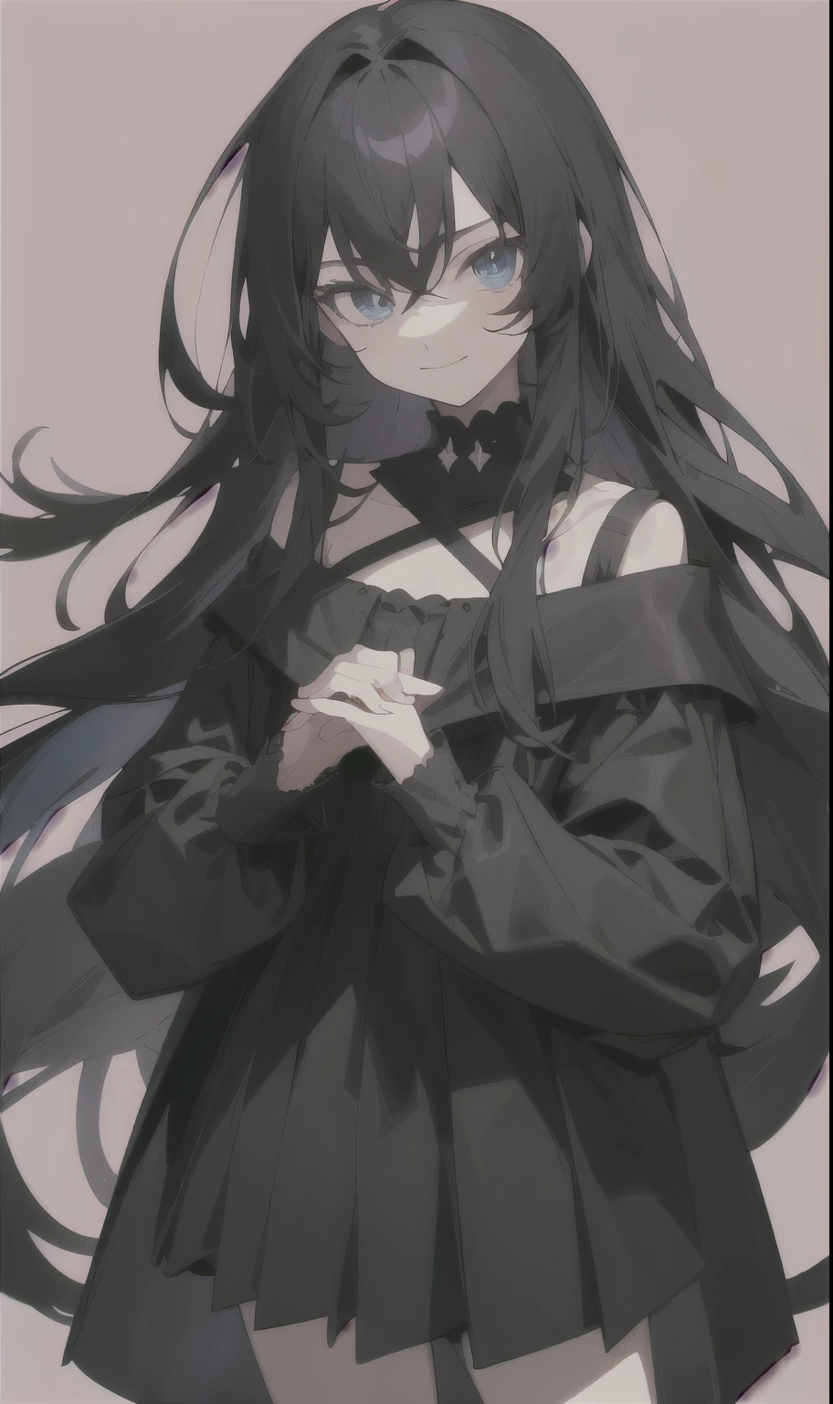 masterpiece, (((highest quality)))), ((super detailed)), ((illustration)),
(((simple_background))),
1boy, black_hair, (long_hair), wavy_hair, dark_blue_eyes, clavicle, dark blue undershirt, grinning, [eyebags], looking_at_viewer, waist-up, punkish
(Black_coat, long_sleeves, 1), black_short_pants, pink x_hair_ornament)