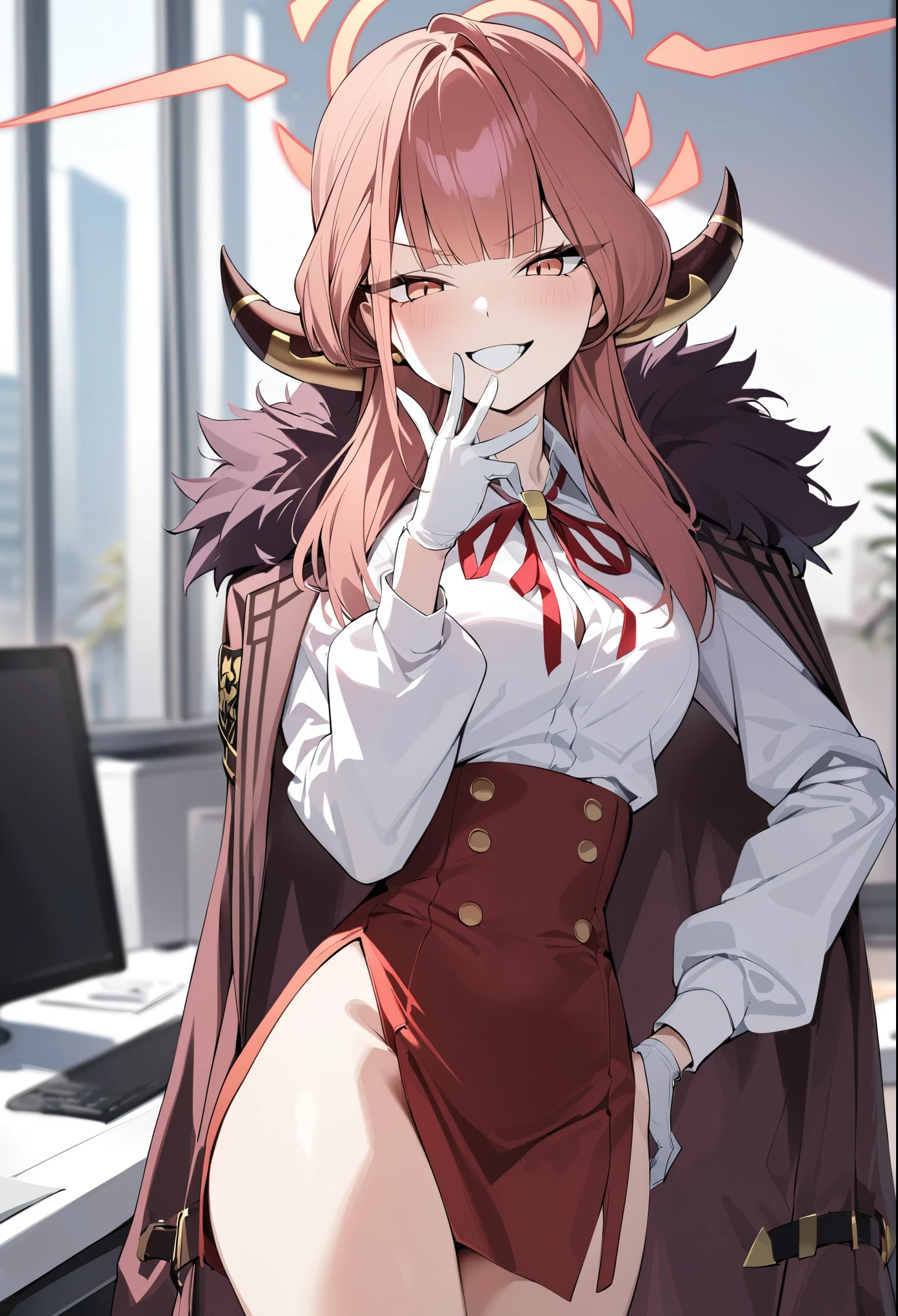 1girl, aru \(blue archive\), solo, halo, horns, high-waist skirt, white gloves, white shirt, fur-trimmed coat, neck ribbon, hand on hip, looking at viewer, evil grin, standing, cowboy shot, office, indoors, blurry background, masterpiece