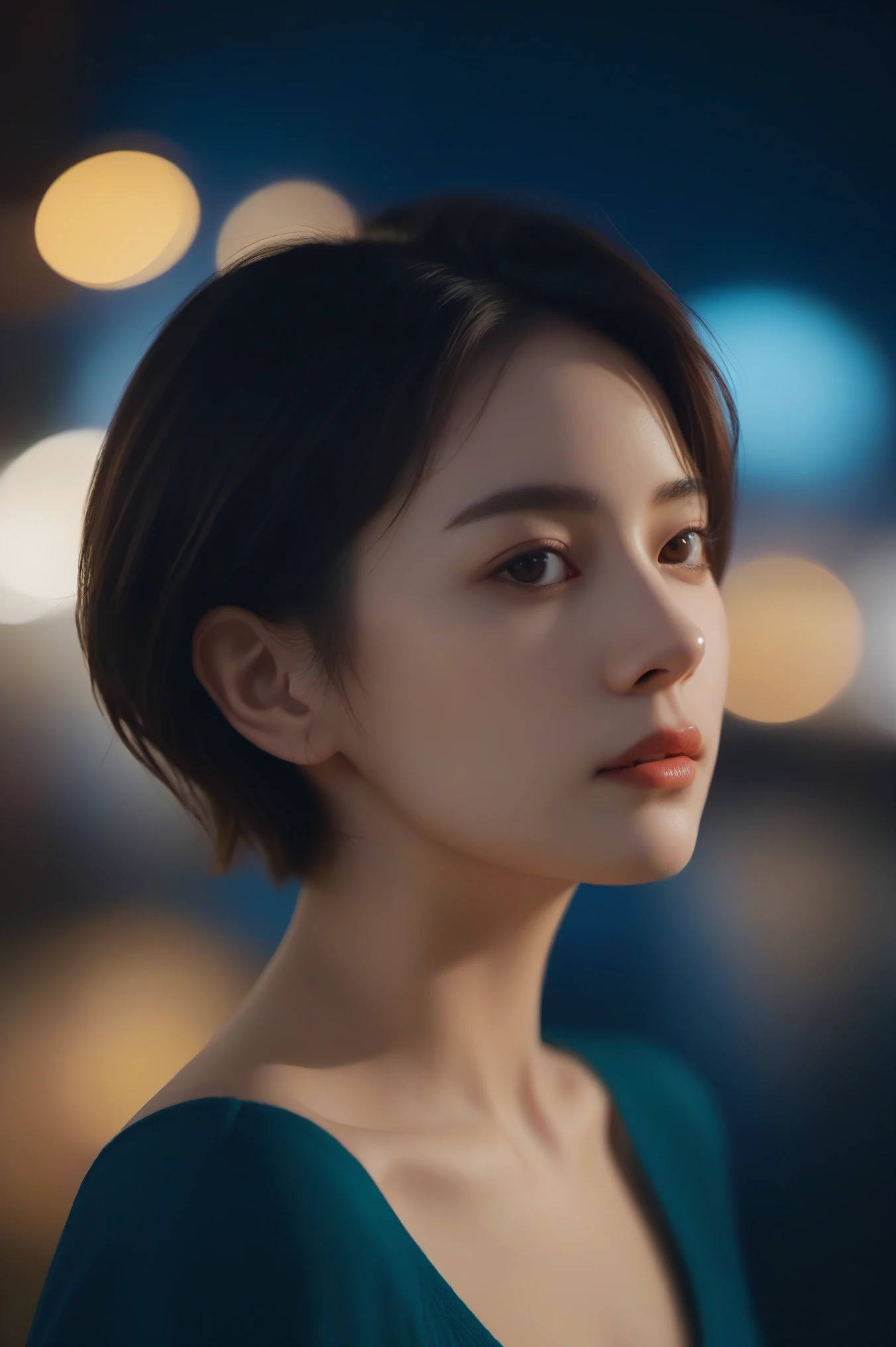 aesthetic portrait, 1 girl,alone, short hair, Bokeh, depth of field, ish, at night