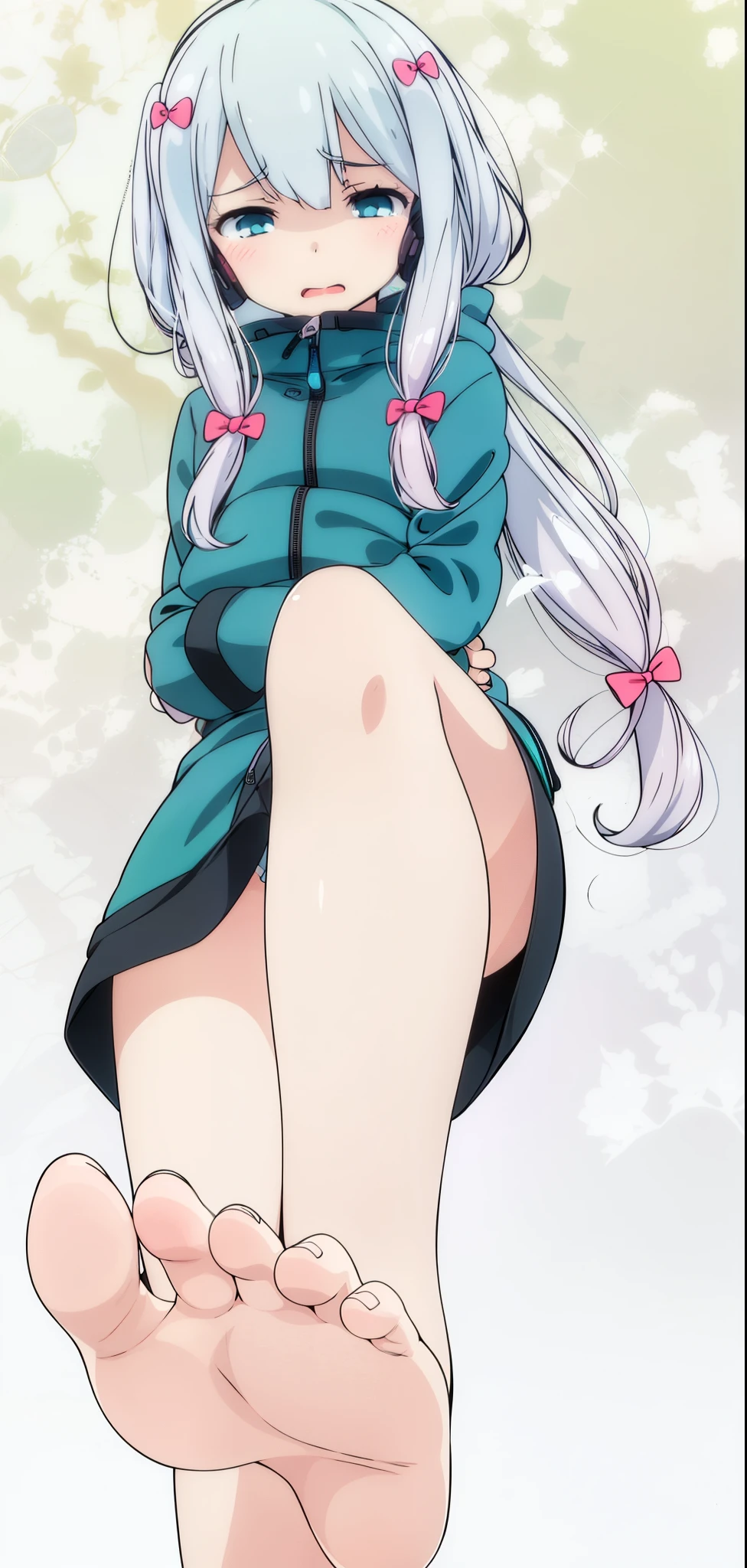 sagiri_izumi,1girl,FFA,from below,leg up,sole,feet,looking at viewer,Shaded face,(five toes1.5),looking down,half-closed eyes,