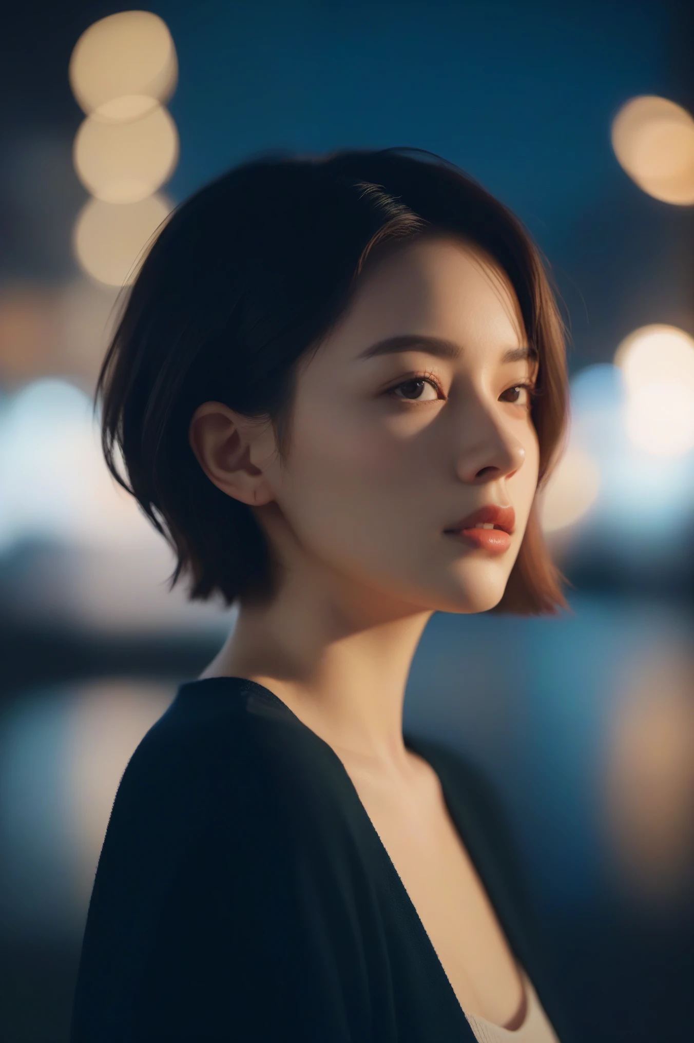 aesthetic portrait, 1 girl,alone, short hair, Bokeh, depth of field, ish, at night