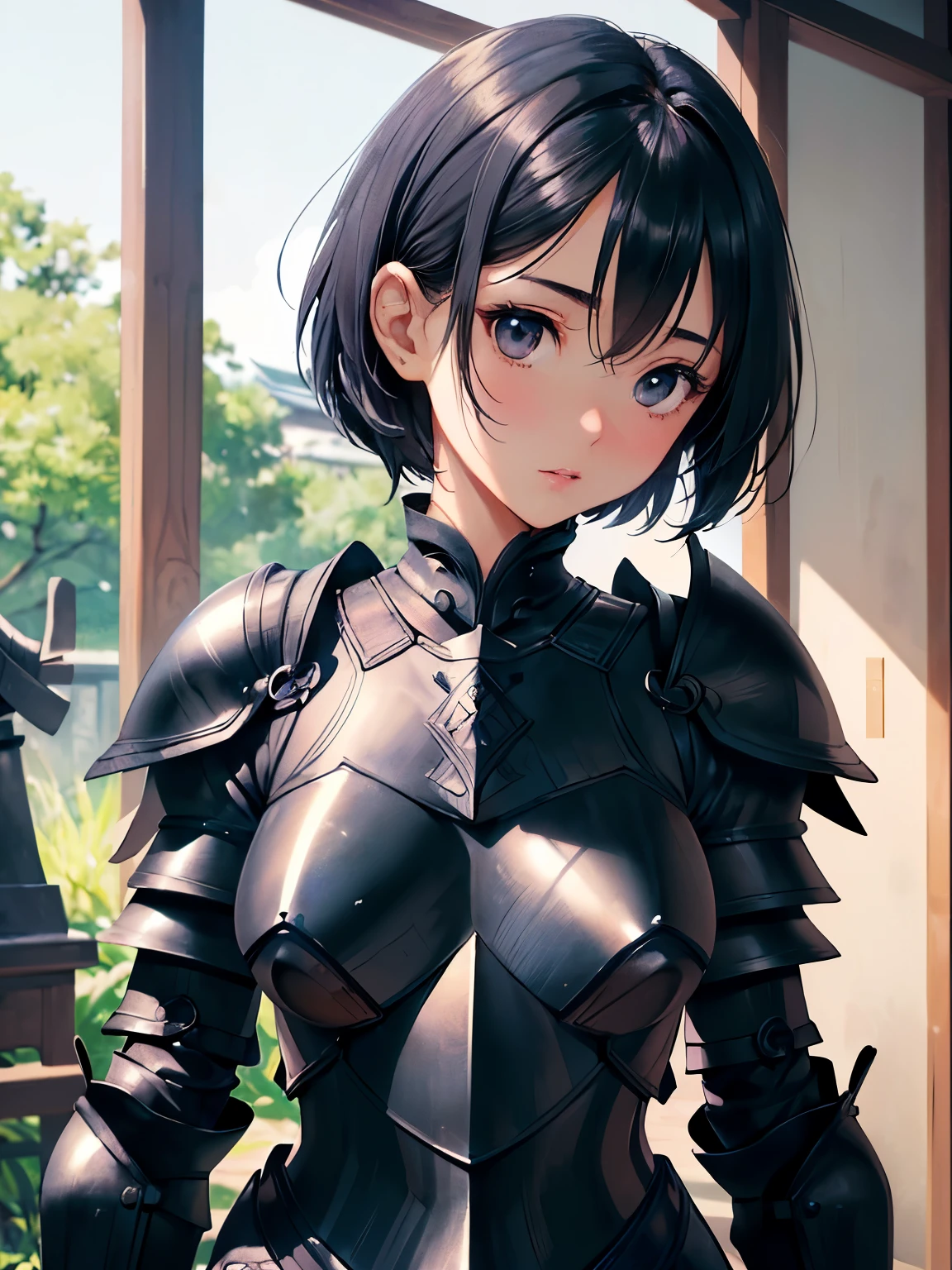 NSFW(((masterpiece))), (((Best Quality))), ((Ultra-detailed)), (extremely detailed photo), ((extremely delicate and beautiful)),(Cute delicate face),(A 25 years old dignified girl),(indigo and black armor:1.4), (A town like Kyoto) ,solo,short hair, black hair and gray eyes,looking at viewer, (holding glowing sword), double eyelid,delicate skin,slender body shape,