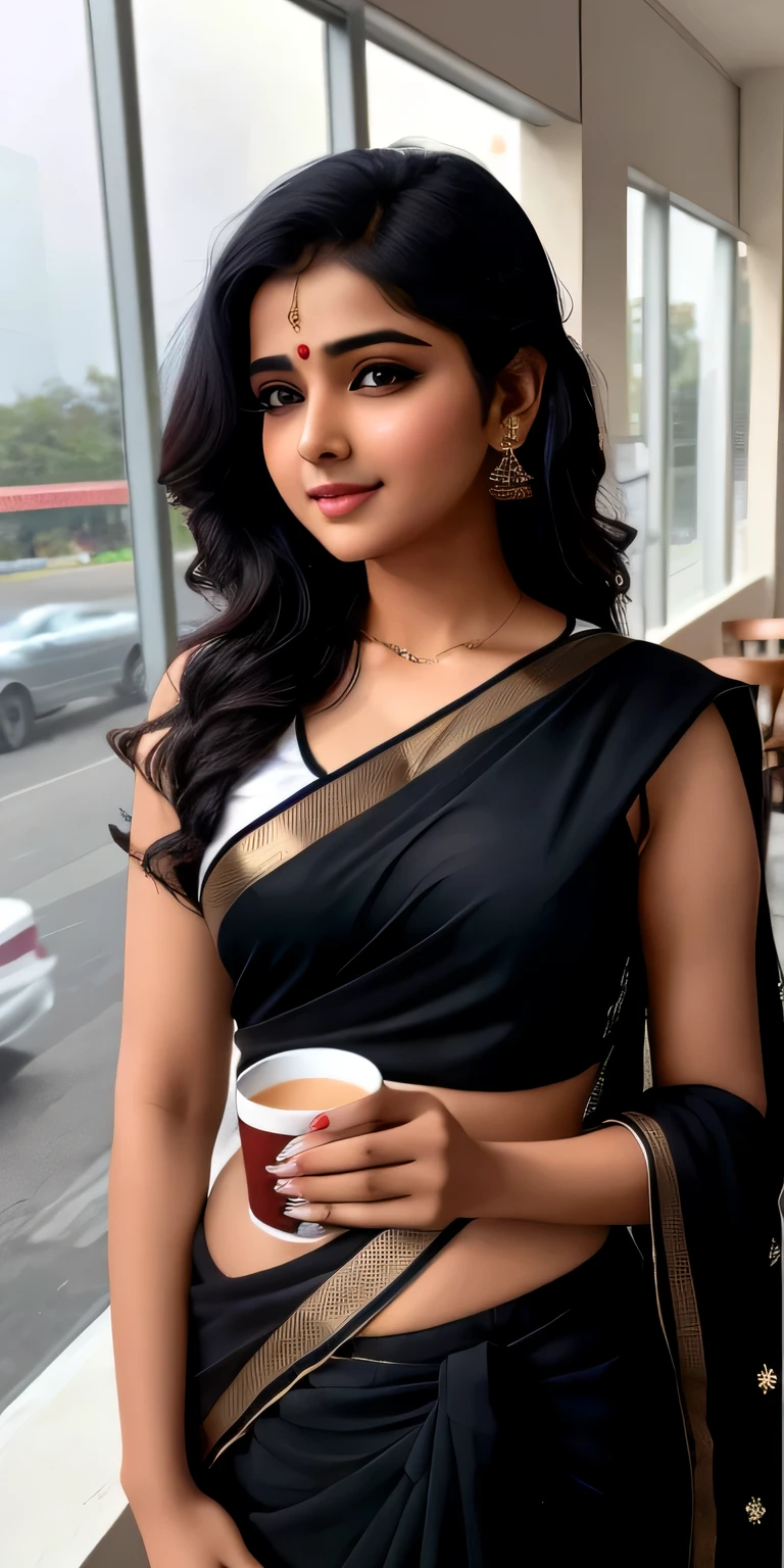 Super delicate cute indian girl wearing a saree with black hair. 8K ultra-high image quality, delicate texture, siting in cafe with cup of coffee in hand.